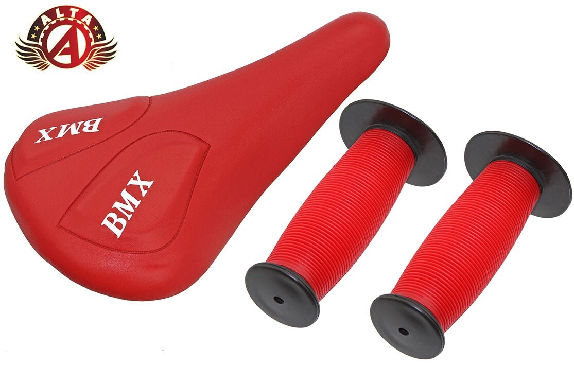 ALTA Red BMX Vinyl Saddle & Red/Black Mushroom Grips BMX BIKES.