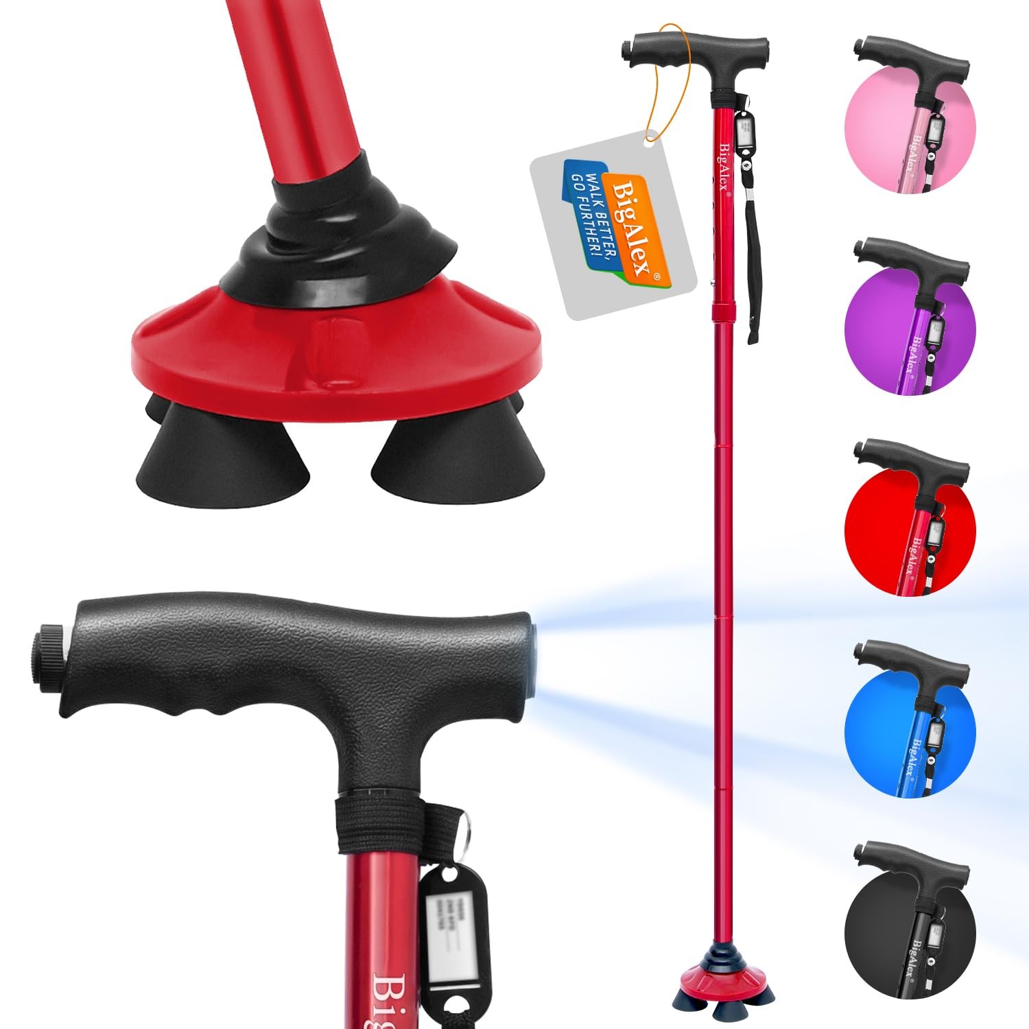 BigAlex Folding Walking Cane with LED 1 Count (Pack of 1), Red(4’9″-5’6″)