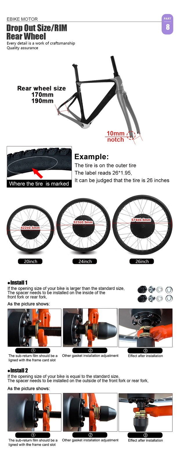 48V 1000W 1500W Snow Electric Bicycle Fat Tire Rear Rotate Hub Motor 20/24/26”