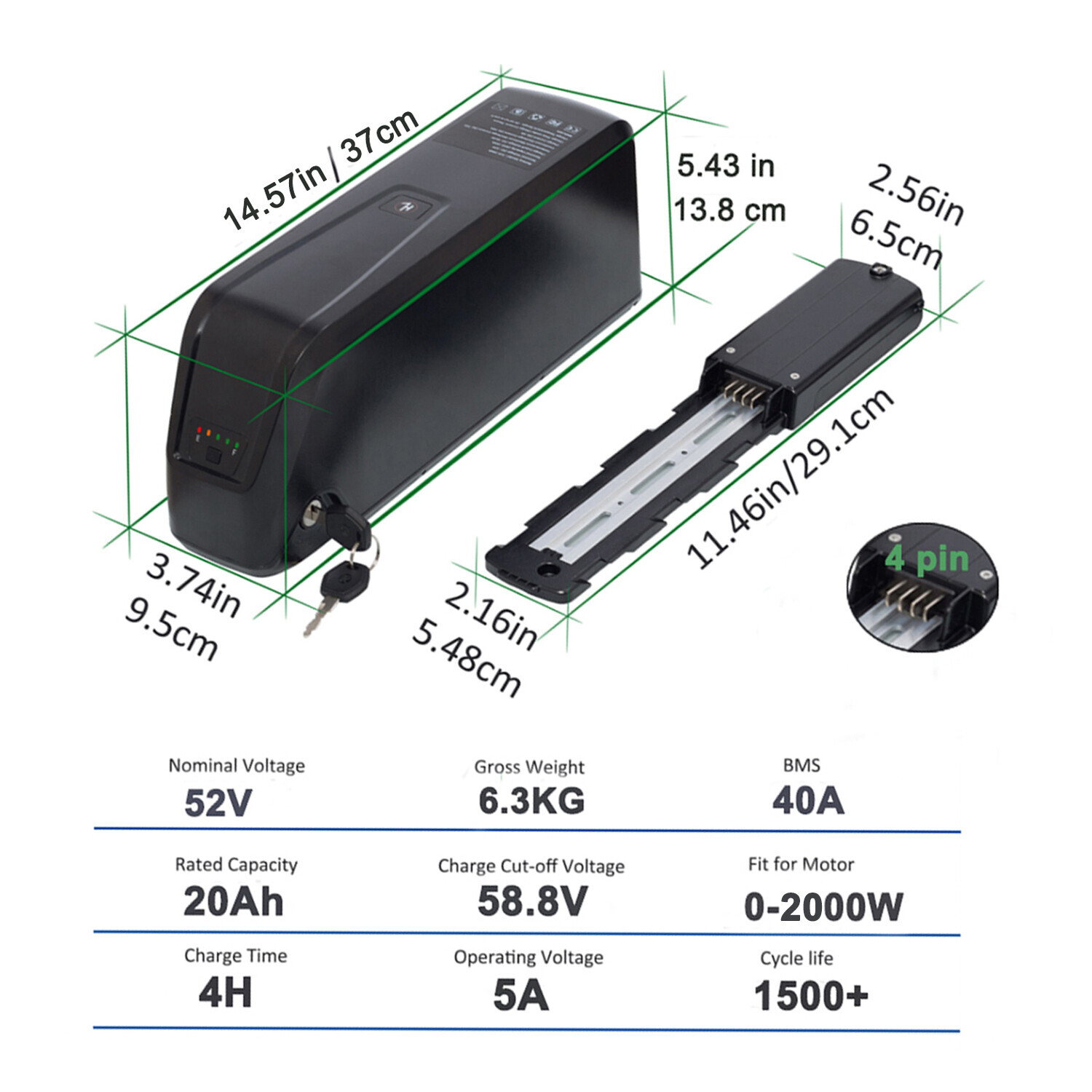 Ebike Battery 52V 48V 36V 10Ah 15Ah 20Ah Electric BiKE Scooter Battery Black
