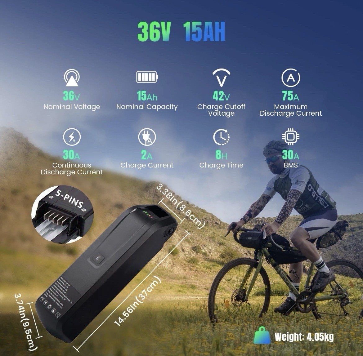 NEW 36V 15Ah Battery Ebike Electric Bike Bicycle Scooter 5 Pin LED Indicator 30A