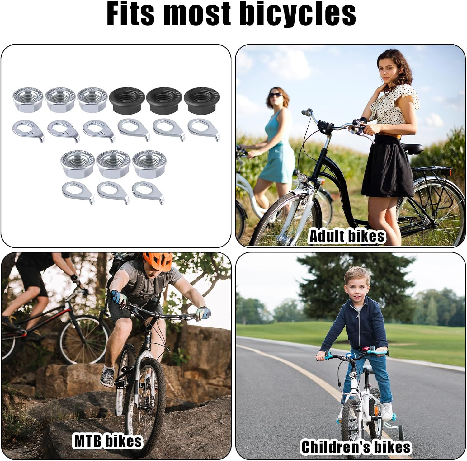 Bike Wheel Axle Nut and Bicycle Hub Safety Washer Kit, Flanged Nuts Parts