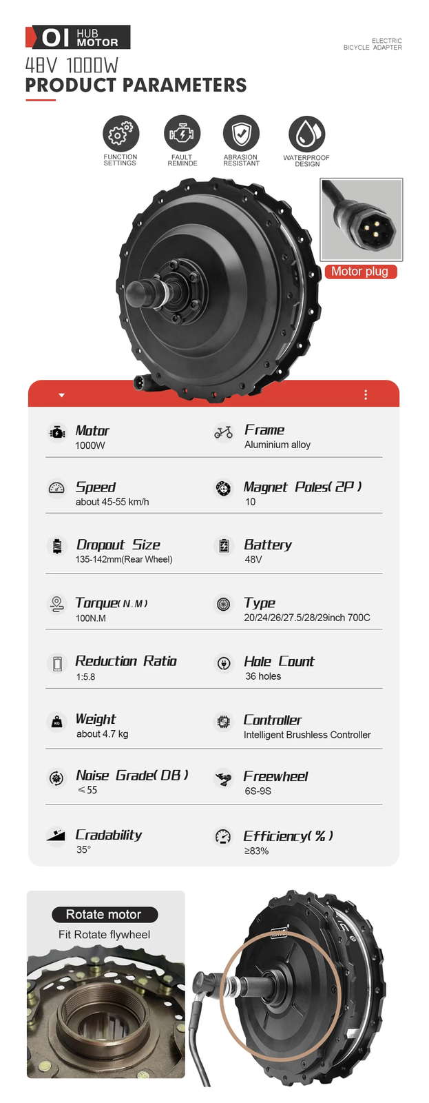 Mountain Electric Bike 48V 1000W High Speed Rear Brushless Gear Hub Motor Wheel