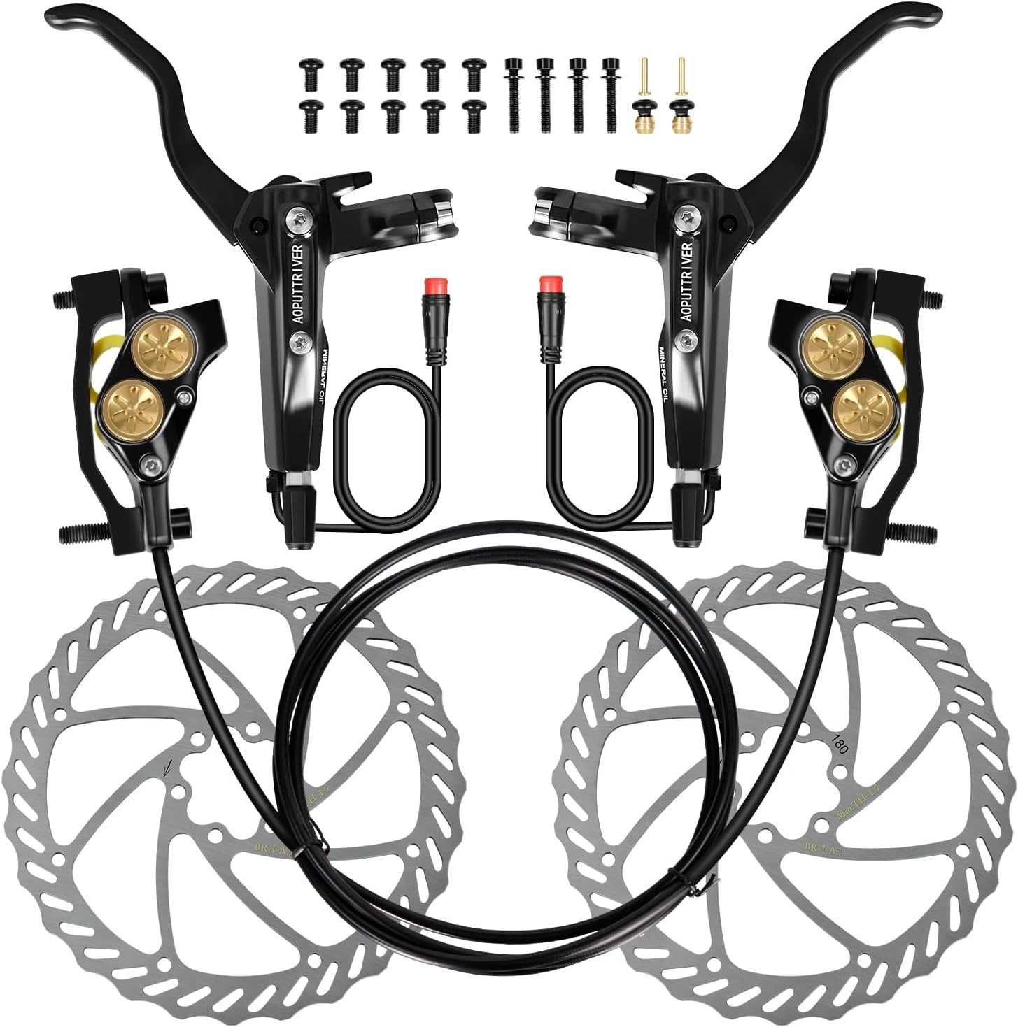 4-Piston E-Bike Hydraulic Disc Brake Set, 610NM, 180mm Rotors, Aluminum Lever