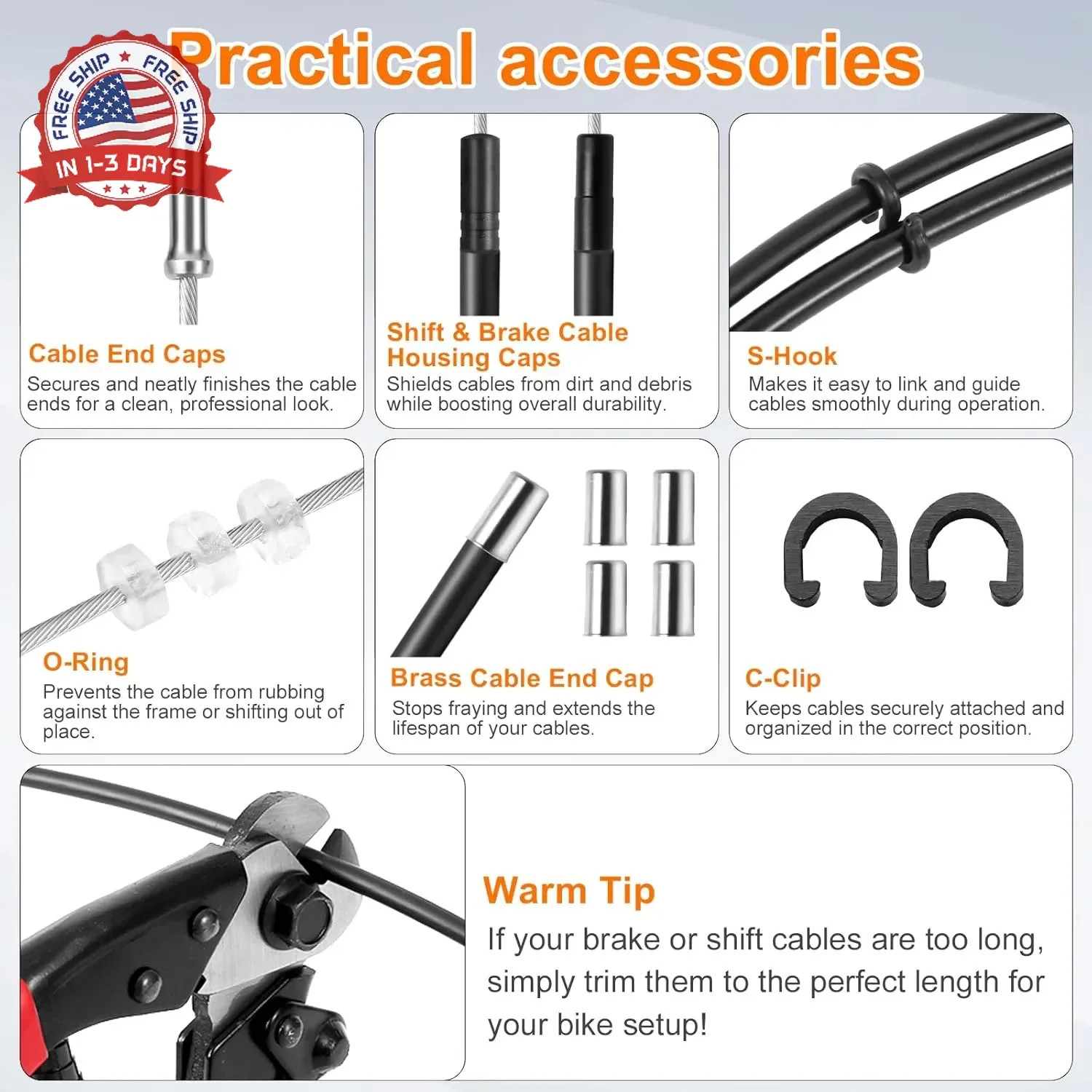 Bike Brake Cable Kit with Stainless Steel Bike Cable Cutter, Brake Cable and Bik