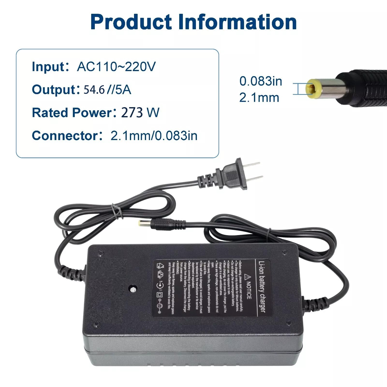 Lithium Battery charger 54.6V 5A Smart DC 5.5*2.1MM For Electric Bicycle 48V