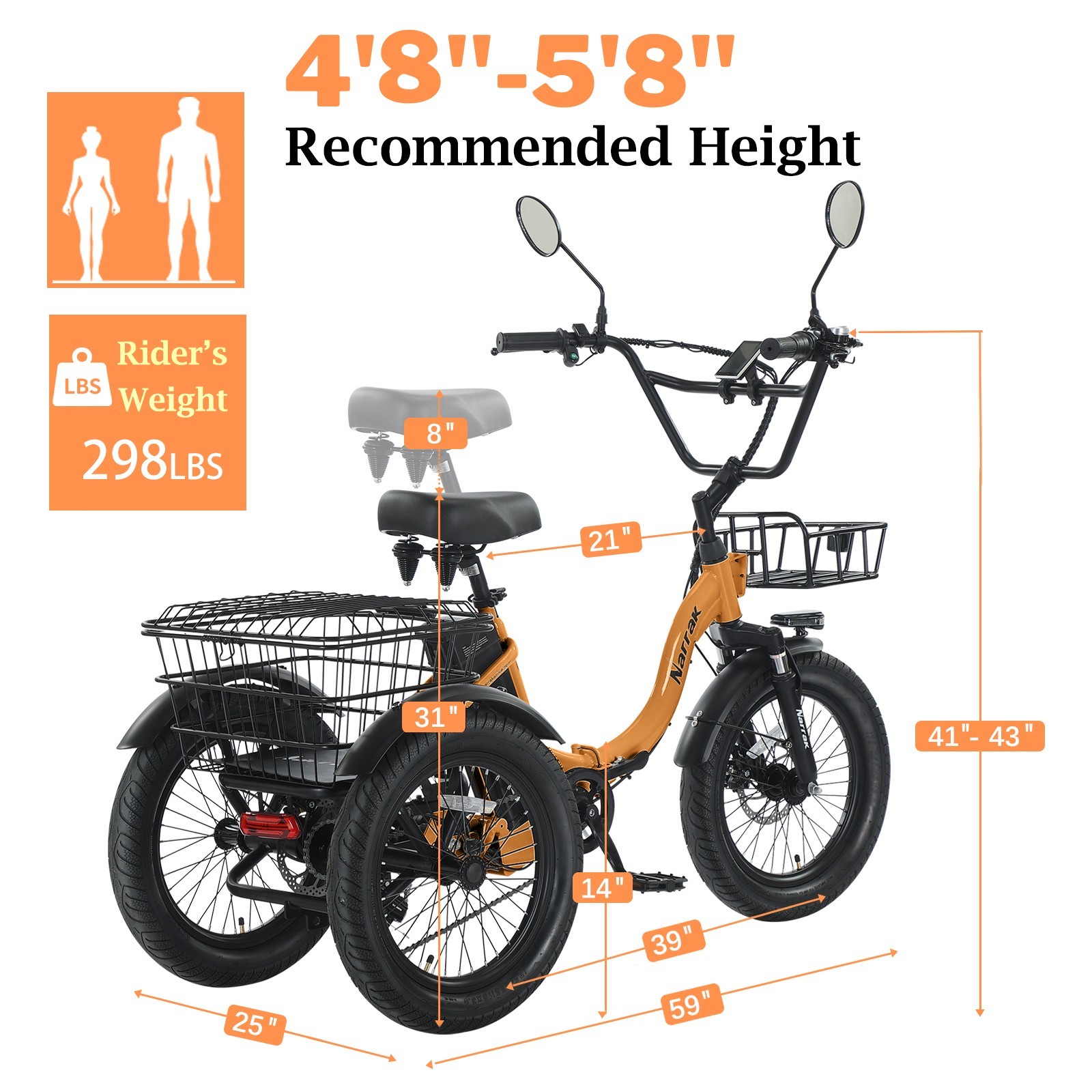 NARRAK Fat Tire Folding Electric Trike Peak Adults Shimano 7-Speed S180 N8 N6 N3