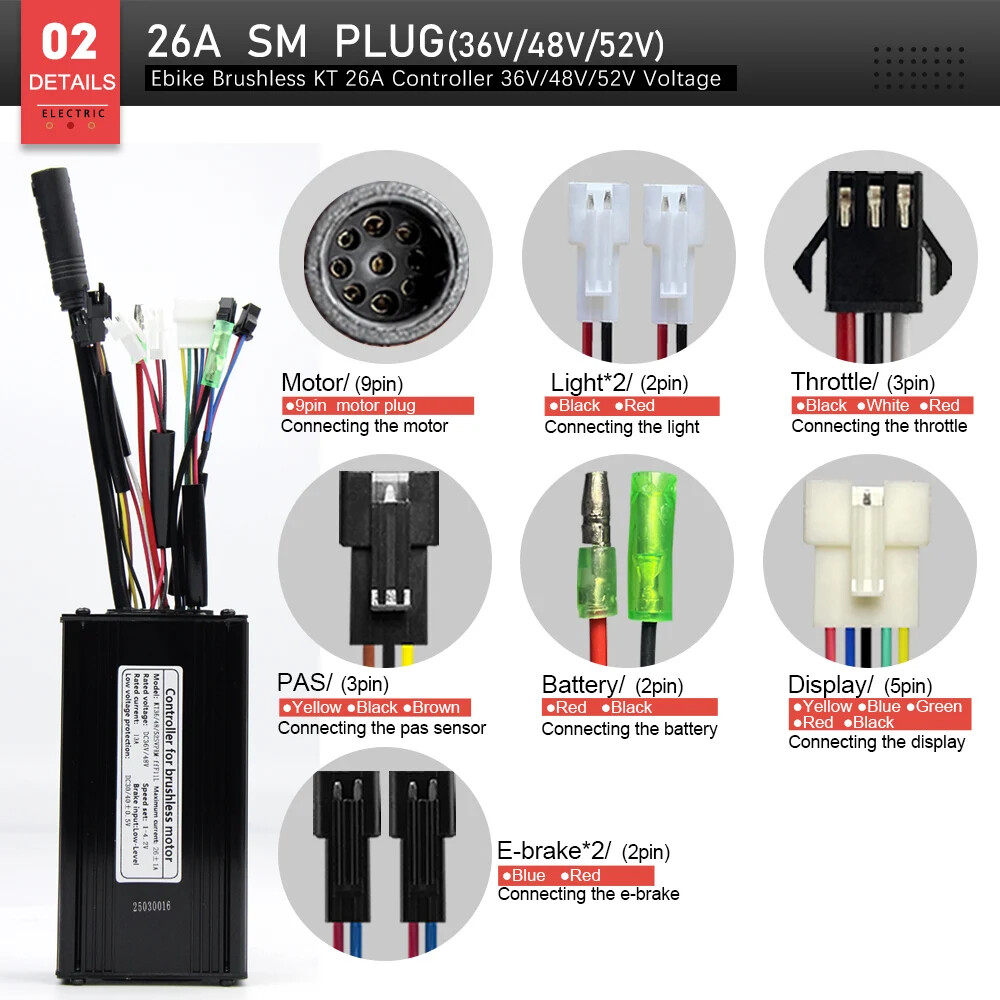 KT E-bike Sinewave Controller 36/48/52V 26A Waterproof Brushless 500W 750W Motor