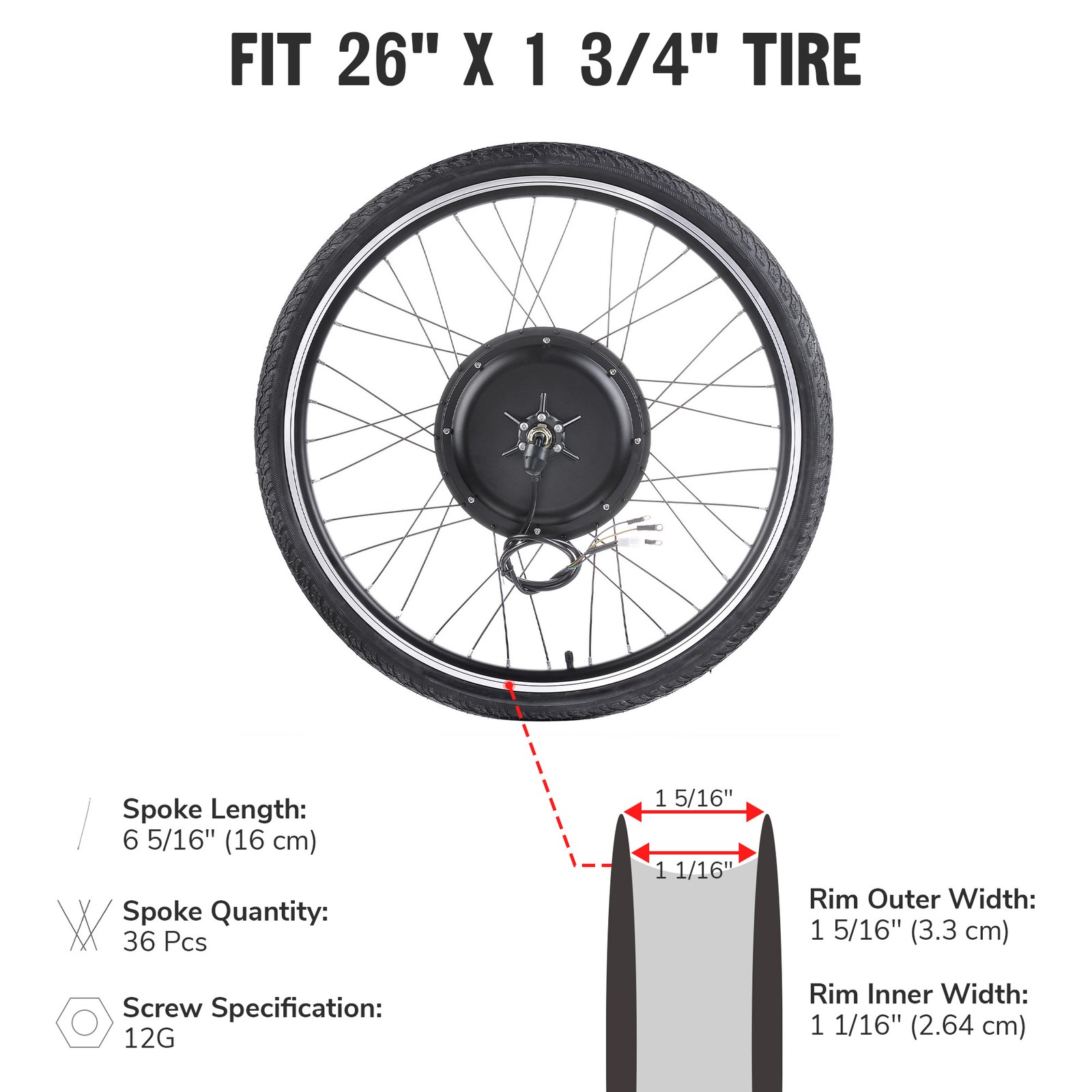 Yescom Electric Bicycle 26″ 48V1000W Ebike Conversion Kit Rear Wheel Cycling Hub