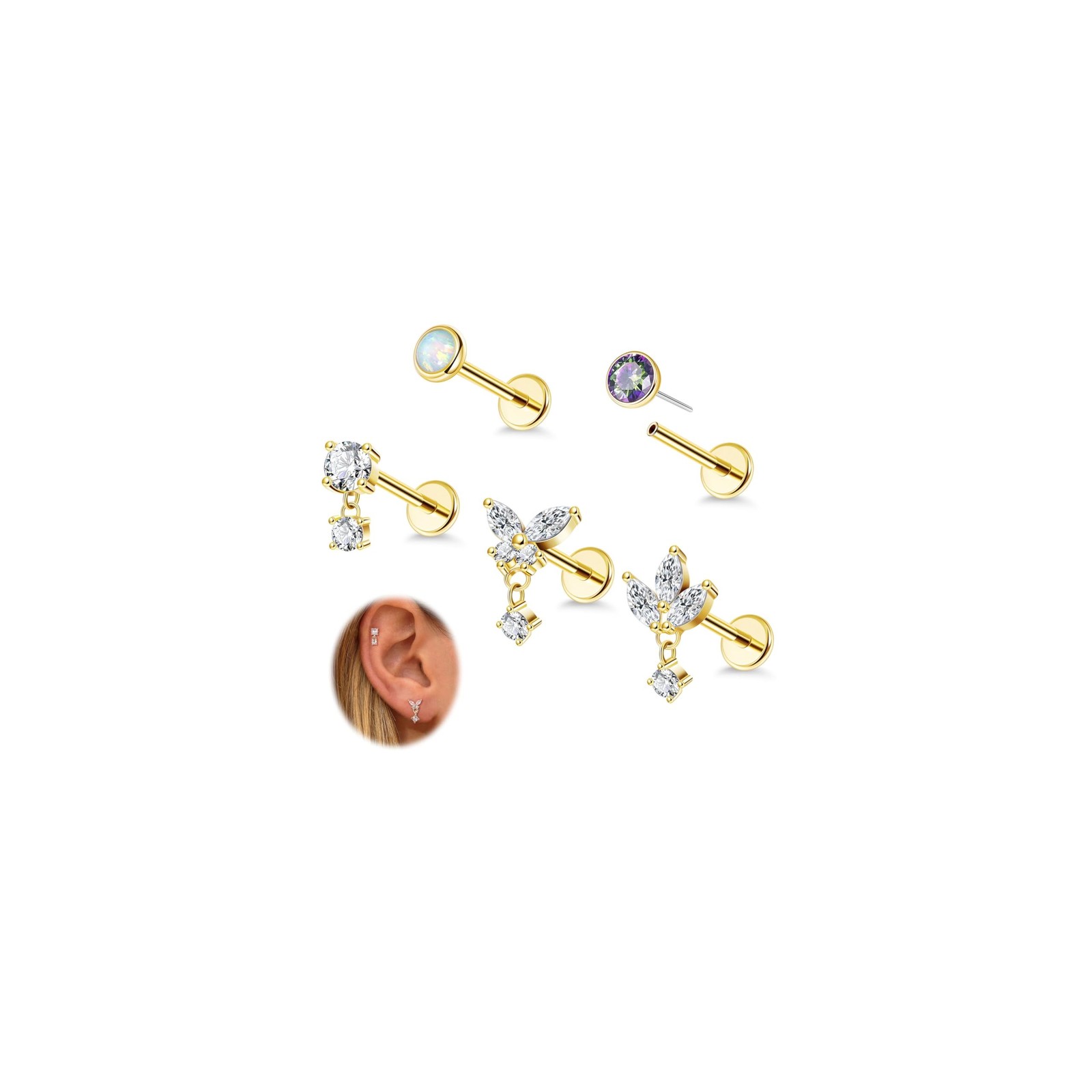 NICEIGHT 5Pcs 18G Surgical Steel Threadless Cartilage Labret Monroe Stud Earr…