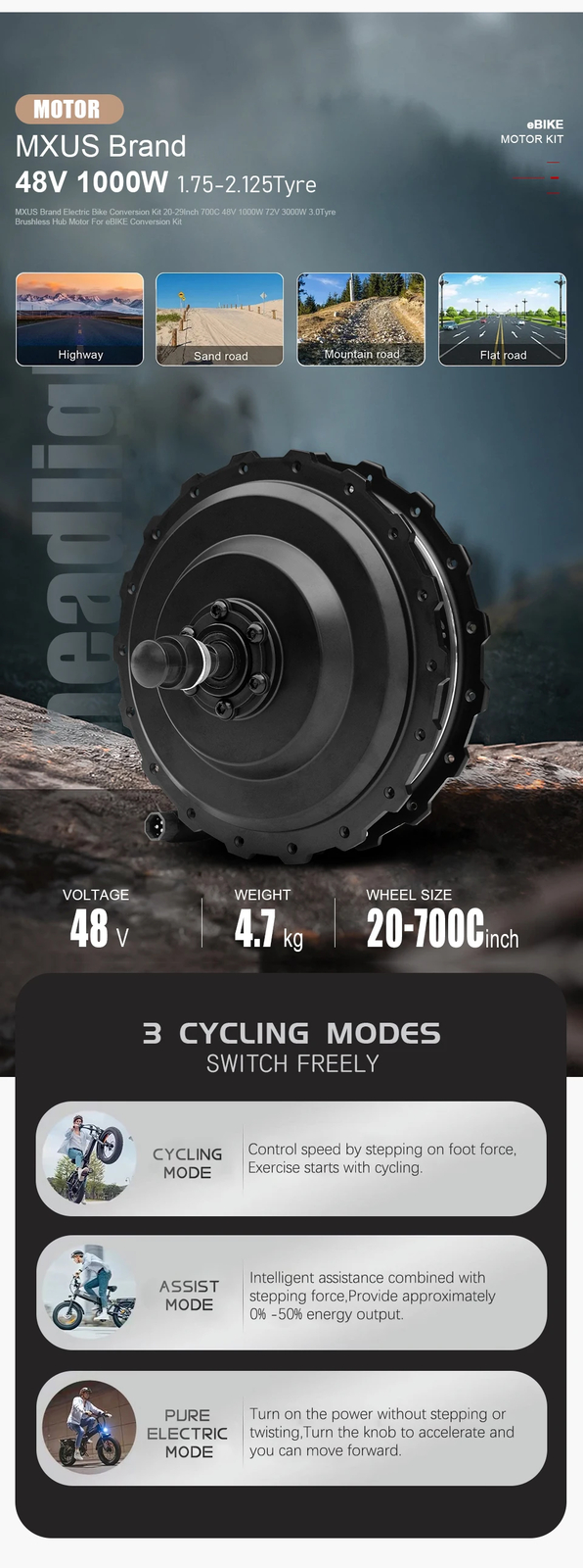 Electric Bike 36V/48V 250W 350W 500W Brushless Gear Front/Rear Drive Hub Motor