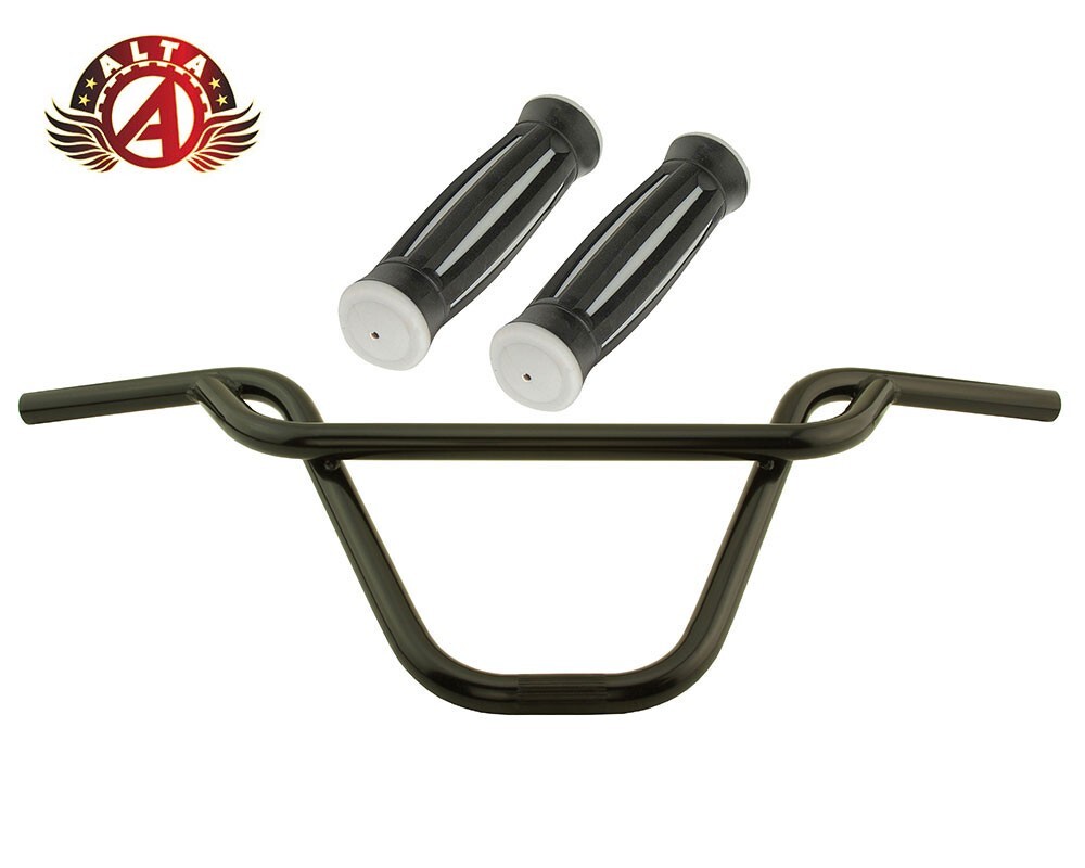 ALTA BMX Old School PRETZEL Black Handlebar W/ BLACK/GRAY BMX Style GRIPS.