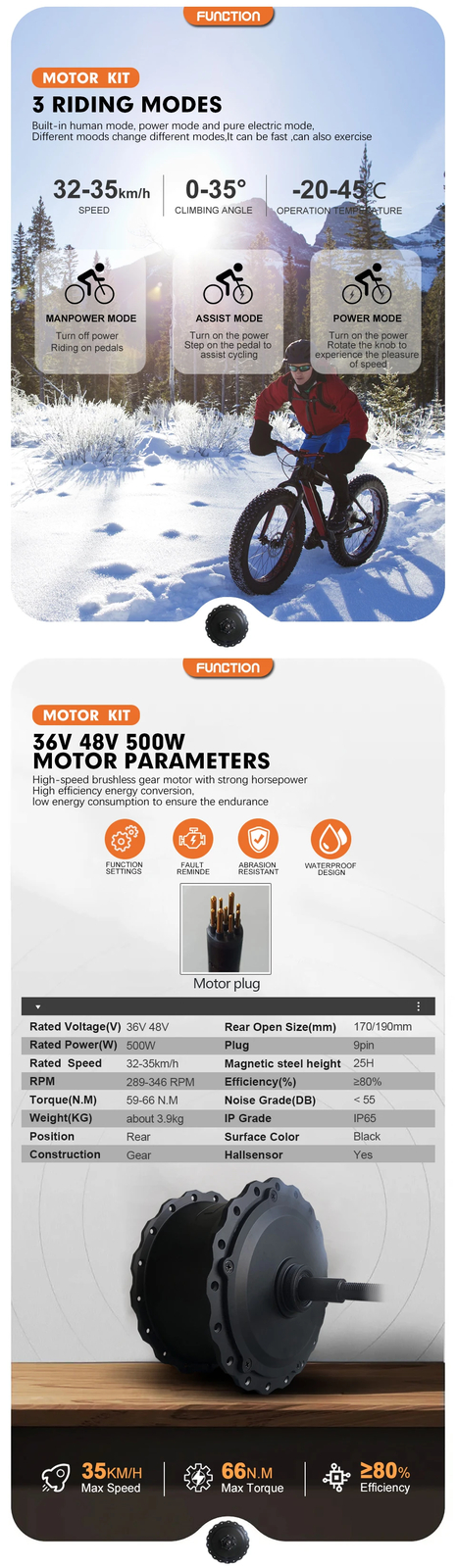 20 24 26in Snow Ebike Fat Tire Conversion Kit 36V 48V 500W Rear Rotate Hub Motor