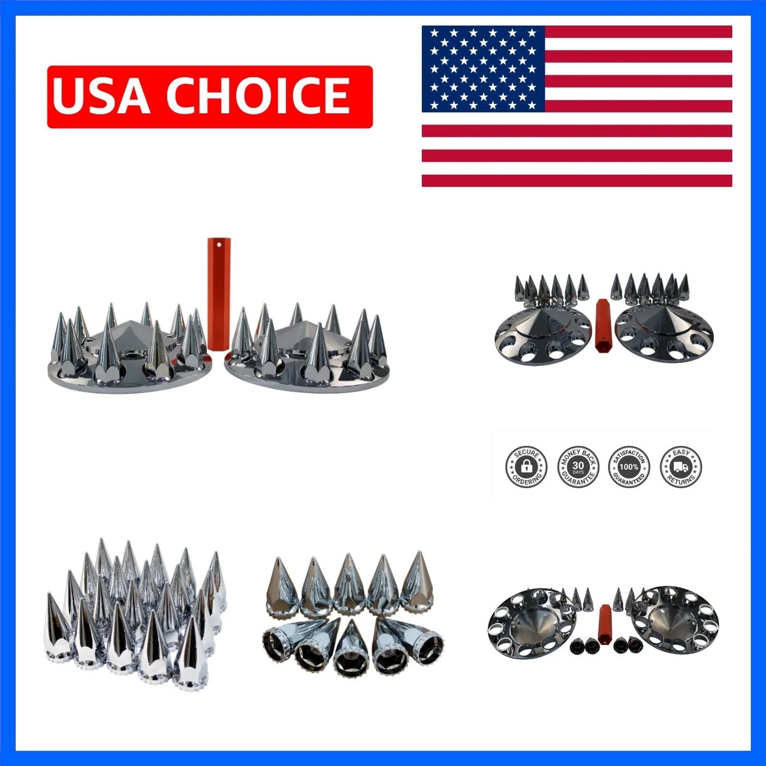 Chrome ABS Complete Axle Cover Set with Hub Caps and 33mm Screw-On Spiked Lug…