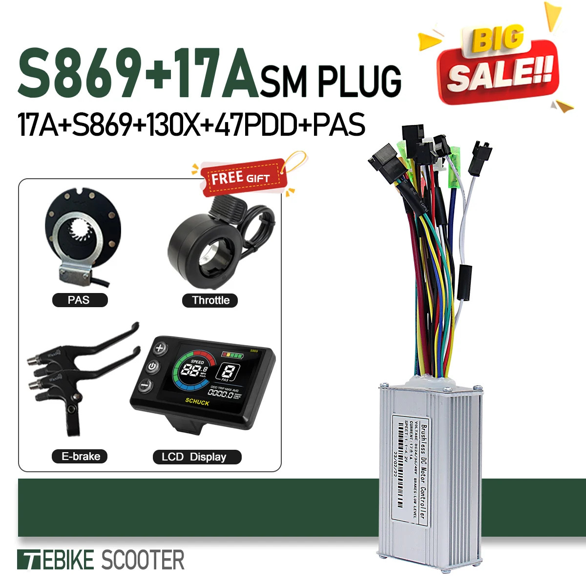 3-Mode 17-40A Sine Wave Controller LCD S866/GD02 Color Compatible Hall Free Hub