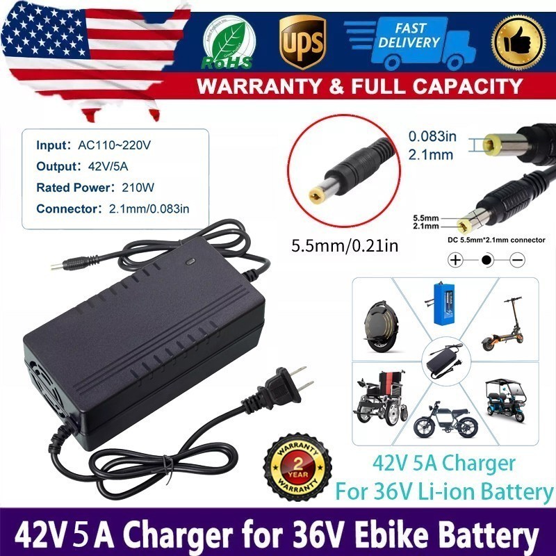 42V 5A Adapter Charger 36V Lithium Battery with 5.5mm*2.1mm DC Plug Port 210W