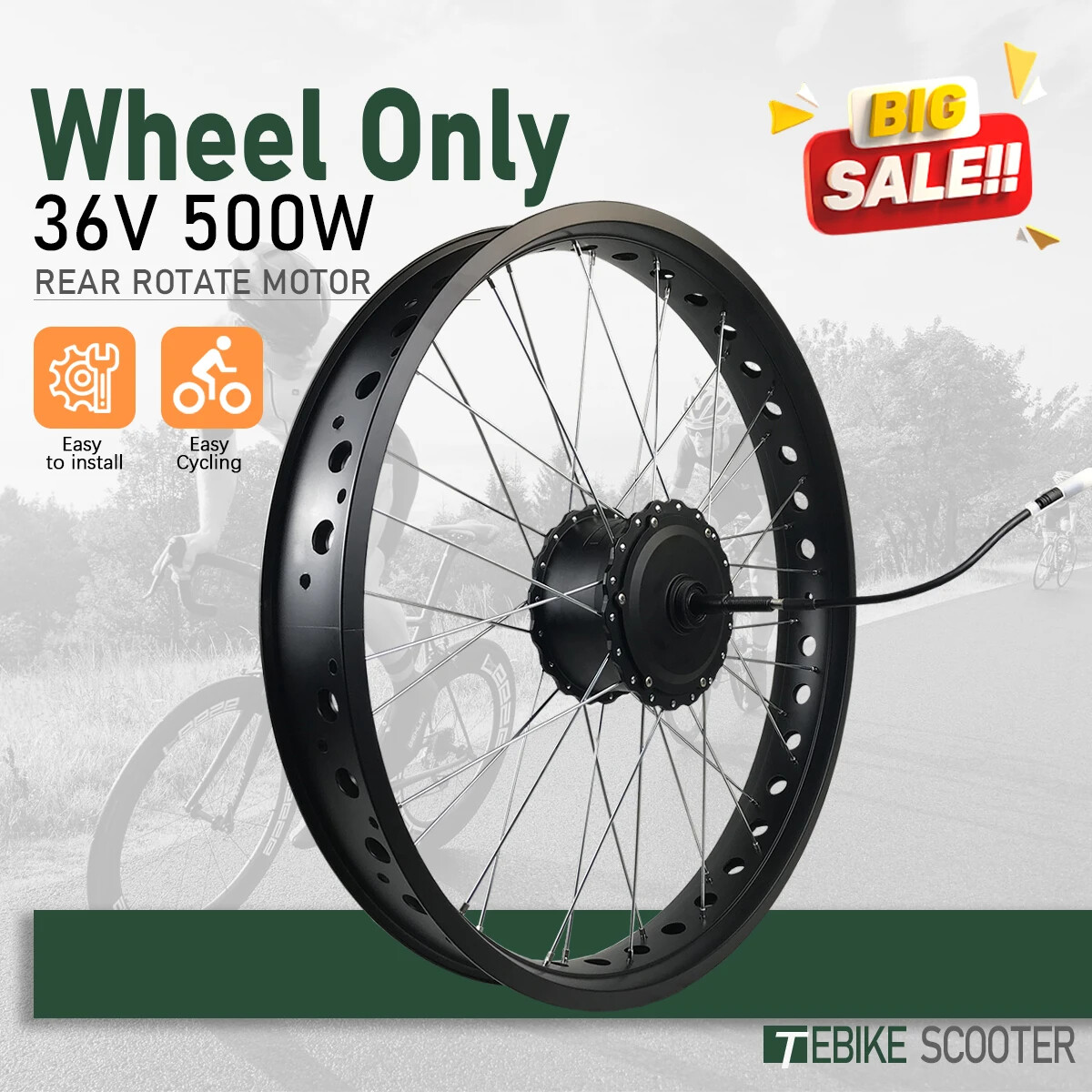 36V 48V 500W 20/24/26inch 4.0 Tyre E-bike Rear Rotate Brushless Hub Motor Wheel