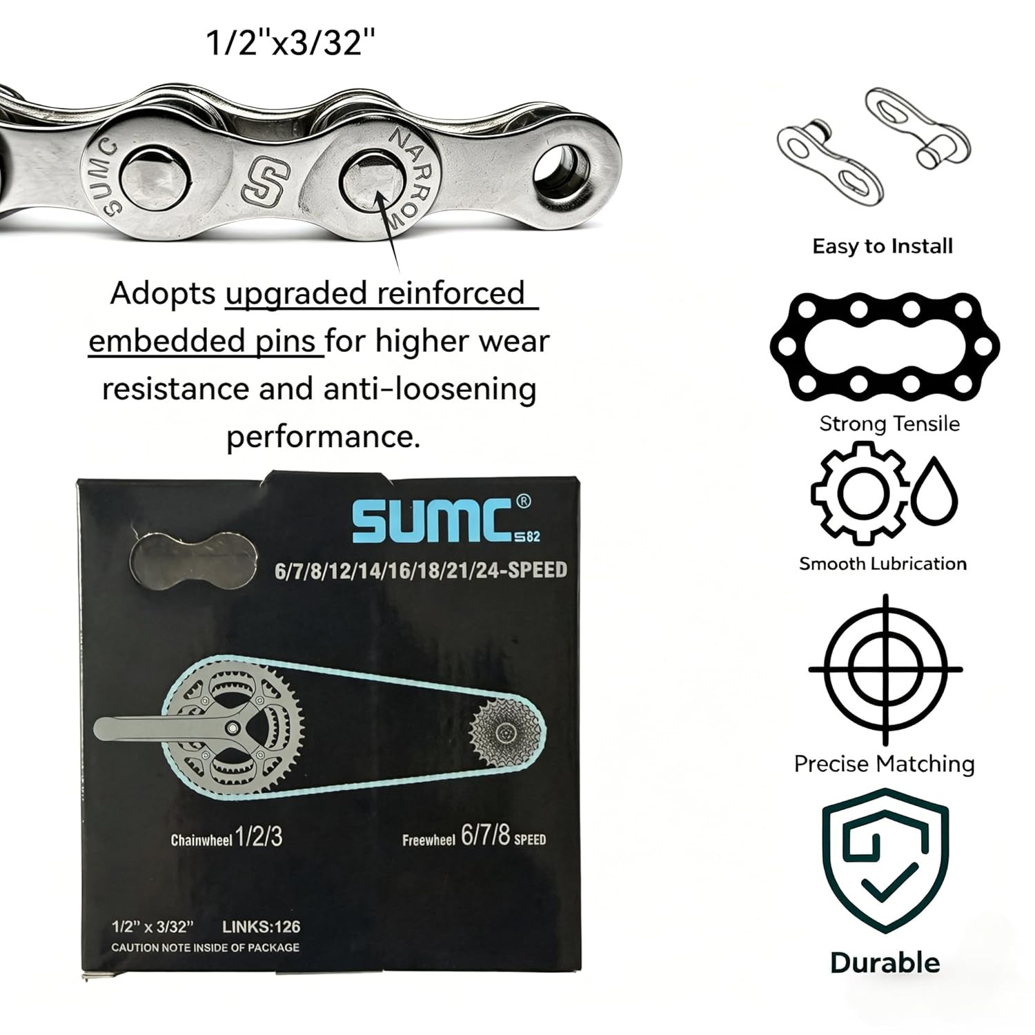 Bike Chain 6/7/8 Speed 126 Links, Replacement Kit with Chain Tool for Hub Mot…