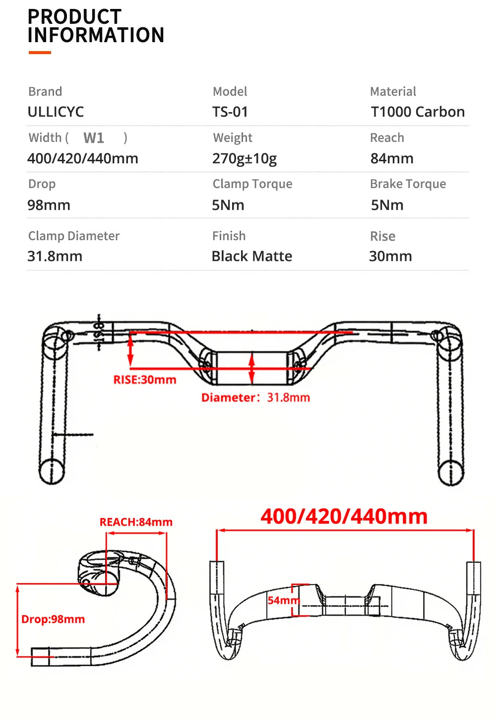 30mm Rise Carbon Fiber Gravel Road Bike Handlebar 400-440mm Internal Cable