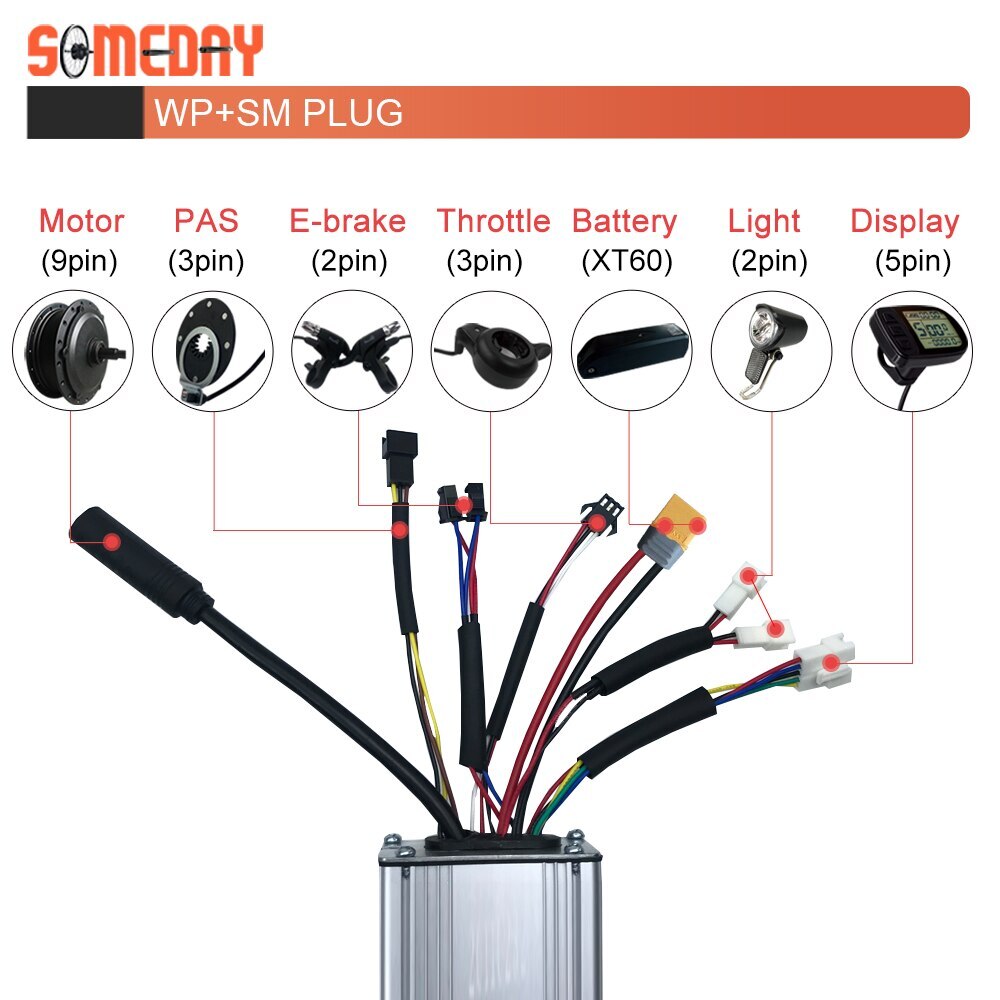36V 48V 250W 350W Waterproof Plug 15A Electric Bicycle Brushless Controller