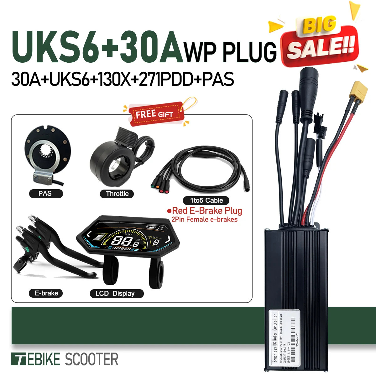 Ebike 3-Mode SineWave Controller 17A 26A 30A 40A with LCD UKC1 Display 1T5 Cable
