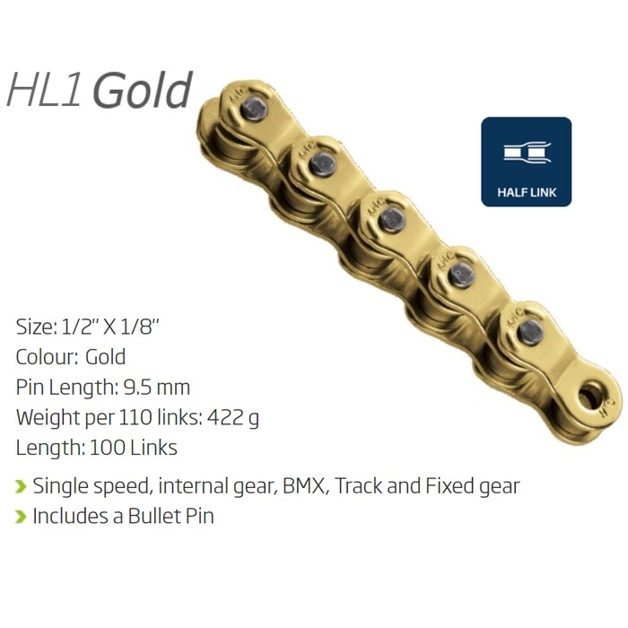 KMC HL1 (Half Link Chain) — 1/8″ x 100 Links / Gold — AUS STOCK — Bike BMX SS