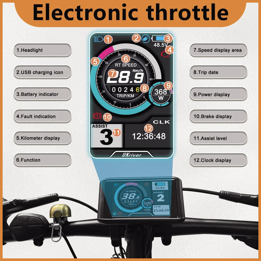 E-bike Display 24V 36V 48V 52V 60V 72V LCD Color Display 5Pin SM/Waterproof Plug