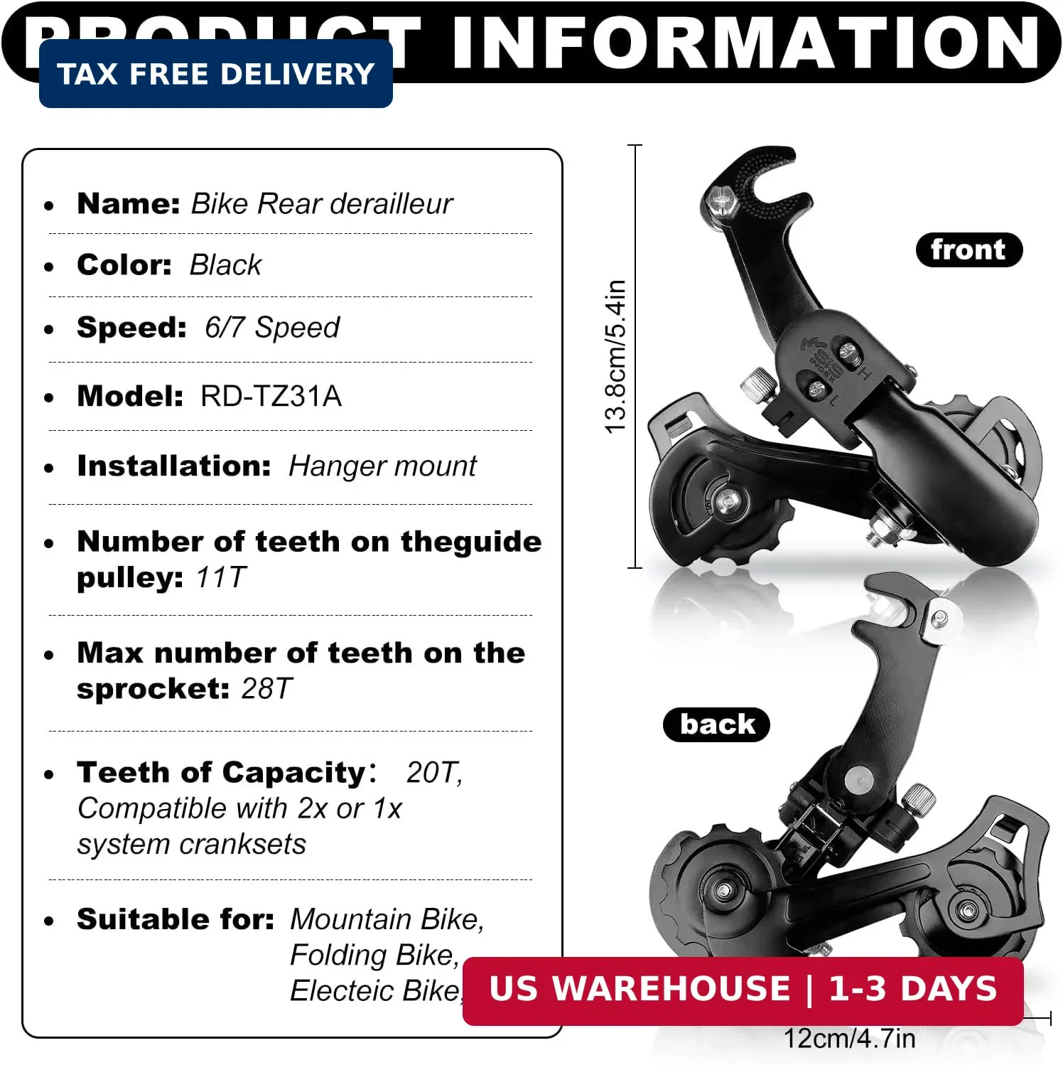 Rear Derailleur RD-TZ31A 6/7 Speed Direct/Hanger Mount Derailleur for Mountain T