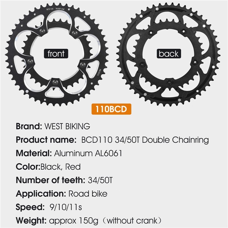 WEST BIKING Road Bike Double Chainring 110BCD 34T/50T Tooth Plate 9/10/11 Speed