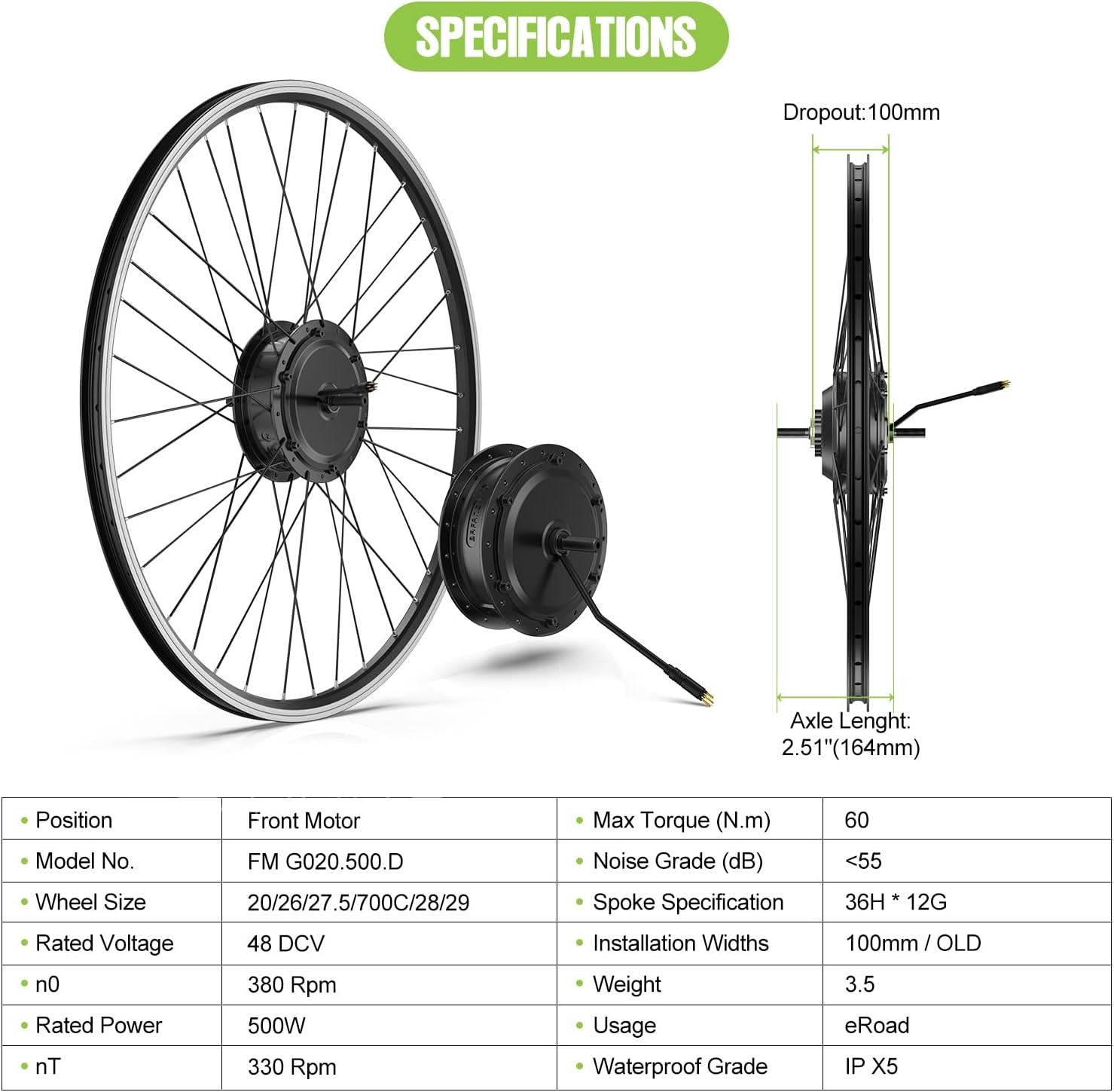 BAFANG 500W Electric Bike Conversion Kit 48V 26″ Front Wheel E-Bike Hub Motor