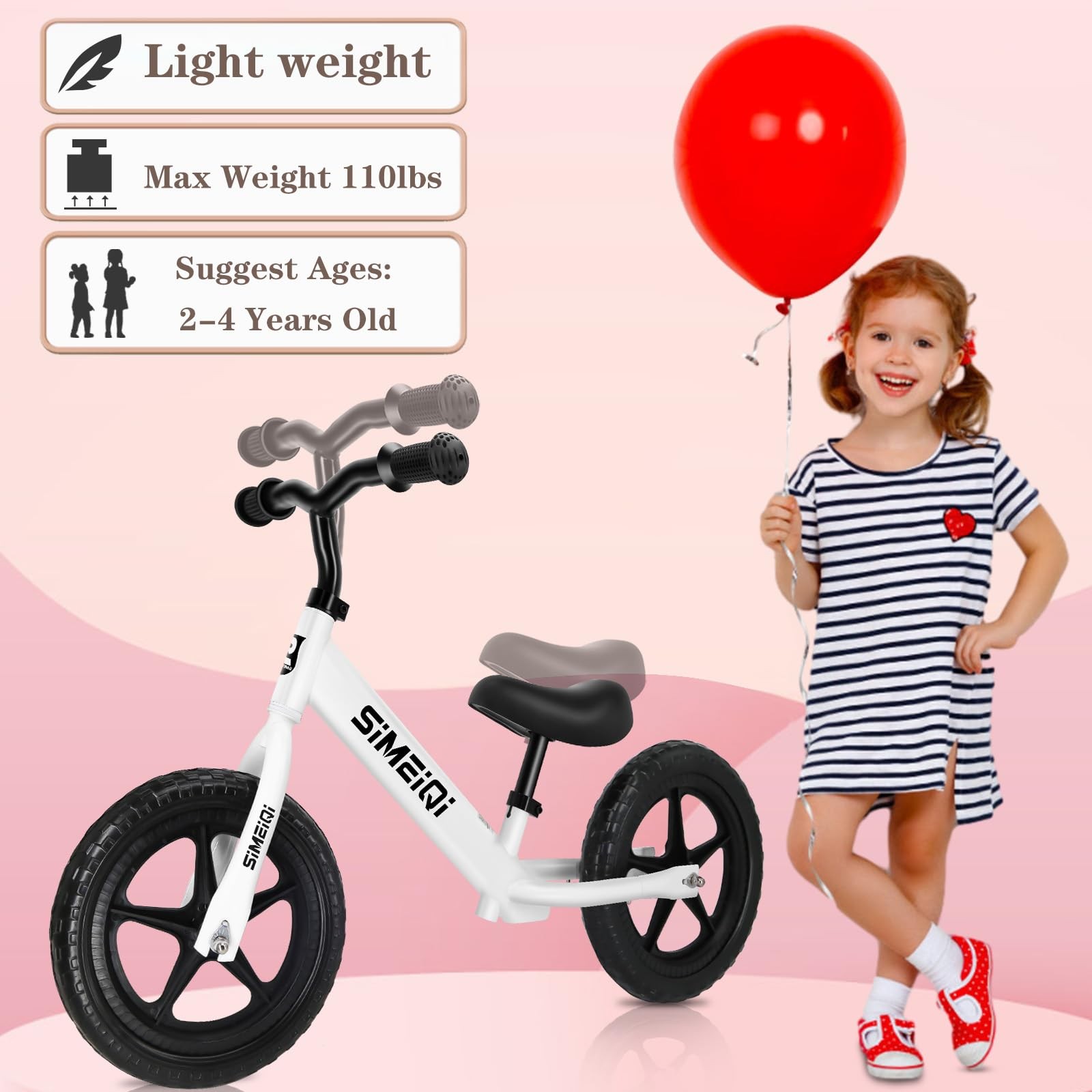 SIMEIQI 12″ Balance Bike for Boys Girls 2 3 4 5 Years Old No Pedal White