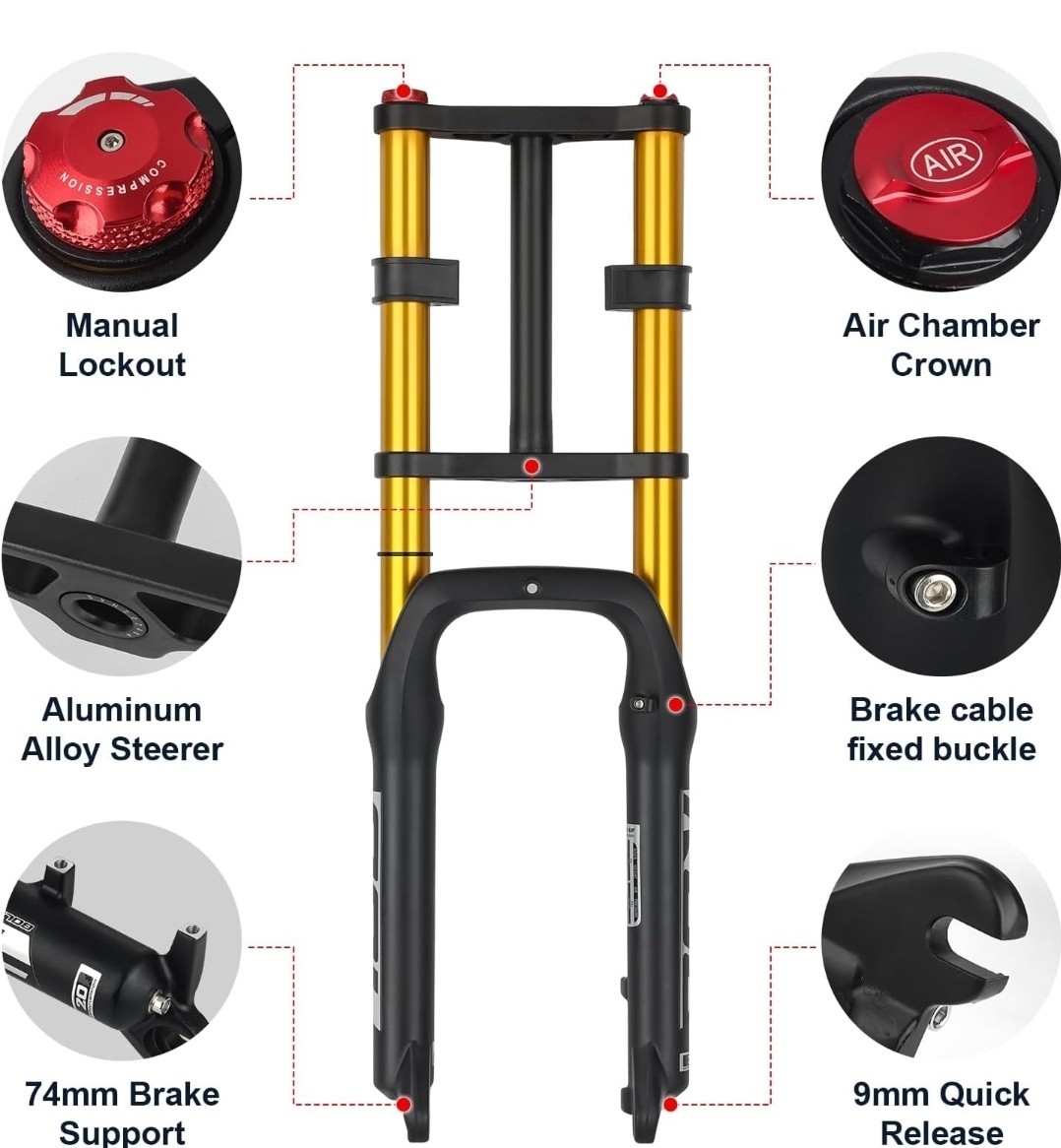 BOLANY Bike Suspension Fork 20inch 4.0 Tire Double Shoulder Snow Beach MTB…
