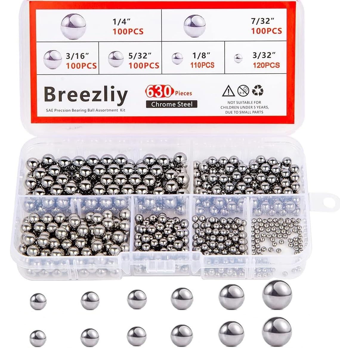Assorted Bicycle Bearing Balls 630 Piece Set Various Sizes Durable Chrome Steel