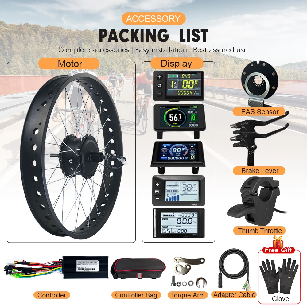 20 24 26″ 4.0 Tire Snow E-Bike Motor Kit 36 48V 500W Rear Cassette Motor Wheel