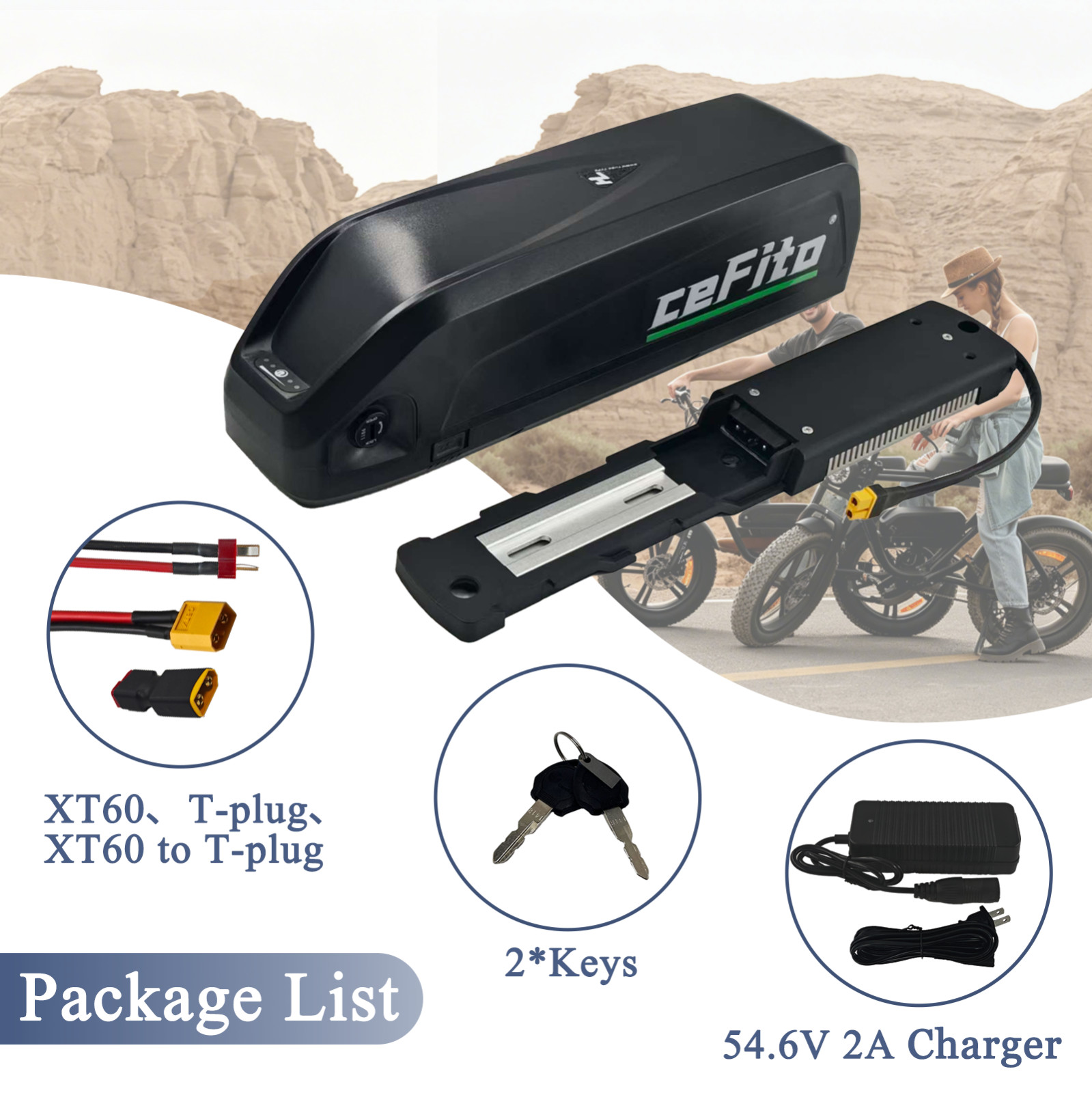 48V 20Ah 16Ah 10Ah Battery for Bikes, with 30A BMS, 5-Pin Connector, USB Port