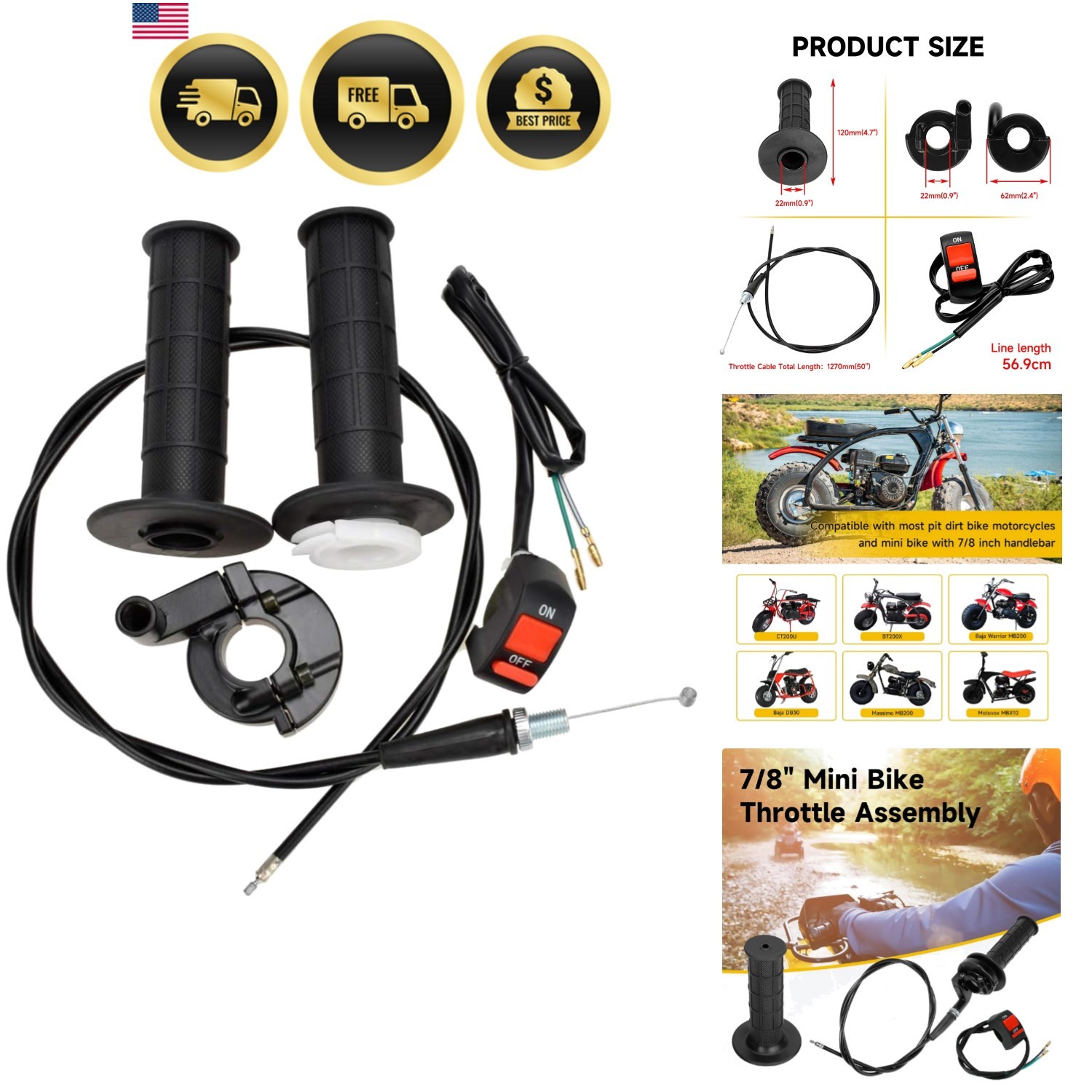 Mini Bike Throttle Cable Kit 22mm Handlebar Grip Motorcycle ATV Scooter