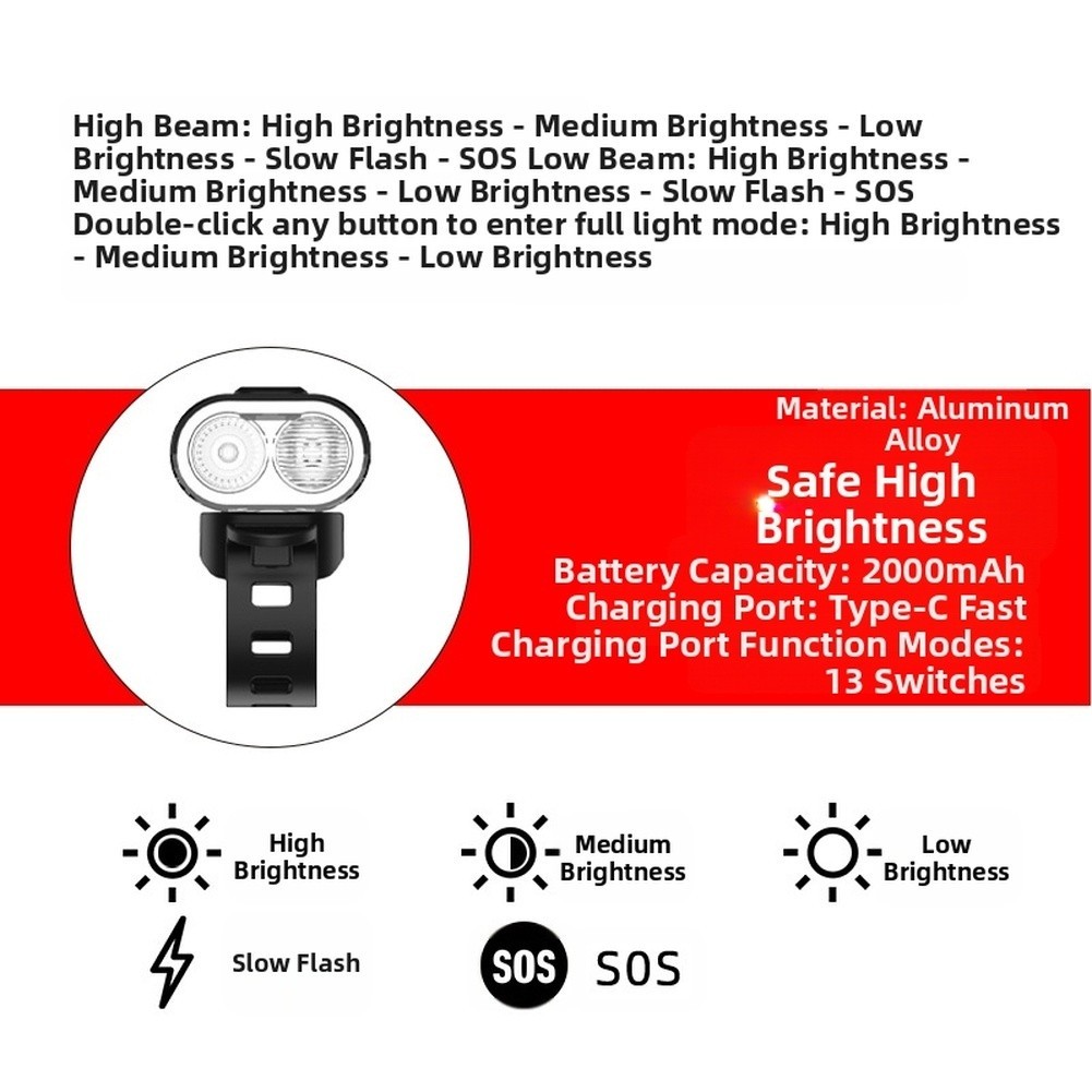 High Brightness 2000 Lumen Bike Headlight with Type C Rechargeable Battery IPX5