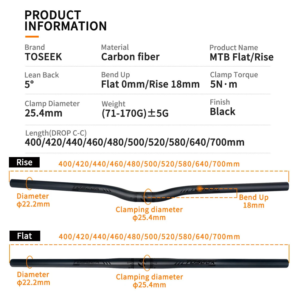 TOSEEK Full Carbon Handlebar 25.4mm Folding Bike Horizontal Handle Bar 400-700MM