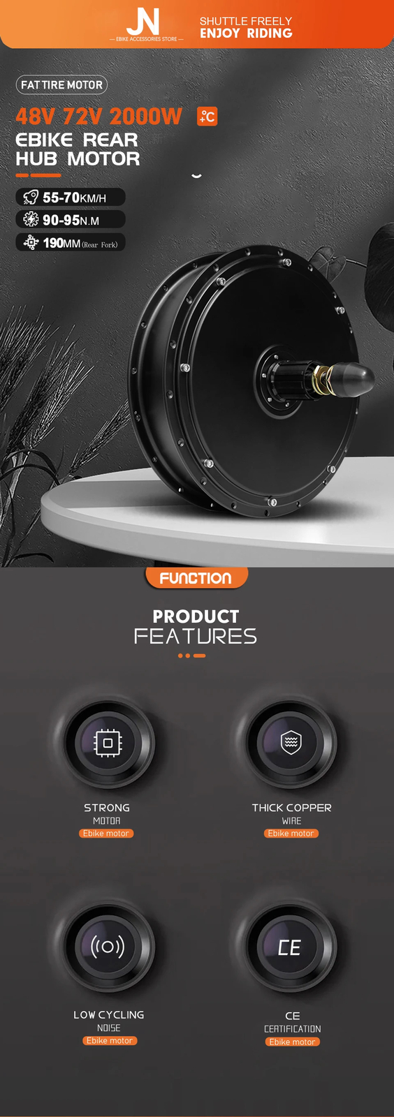 48V 72V 2000W 20 24 26in Snow E-bike Fat Brushless Gearless Rear Hub Motor Wheel