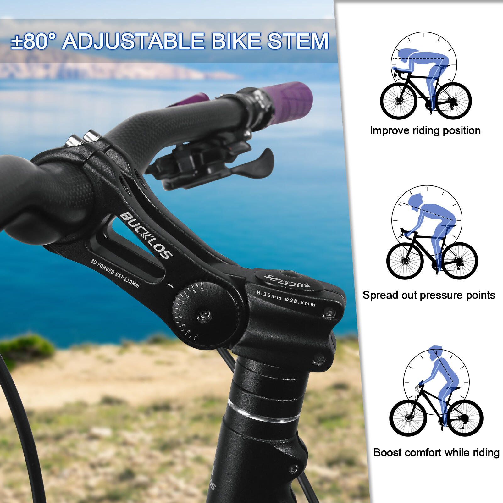 BUCKLOS Bike Stem Adjustable 80 Degree 110-145mm 25.4/31.8mm-Handlebar MTB/Road