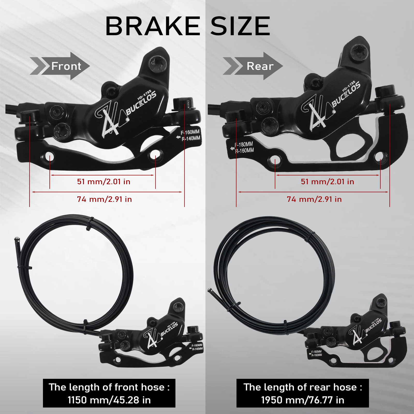 BUCKLOS E-Bike Hydraulic Brakes Set Front/Rear 4-Pistons Power Off 1150&1950mm