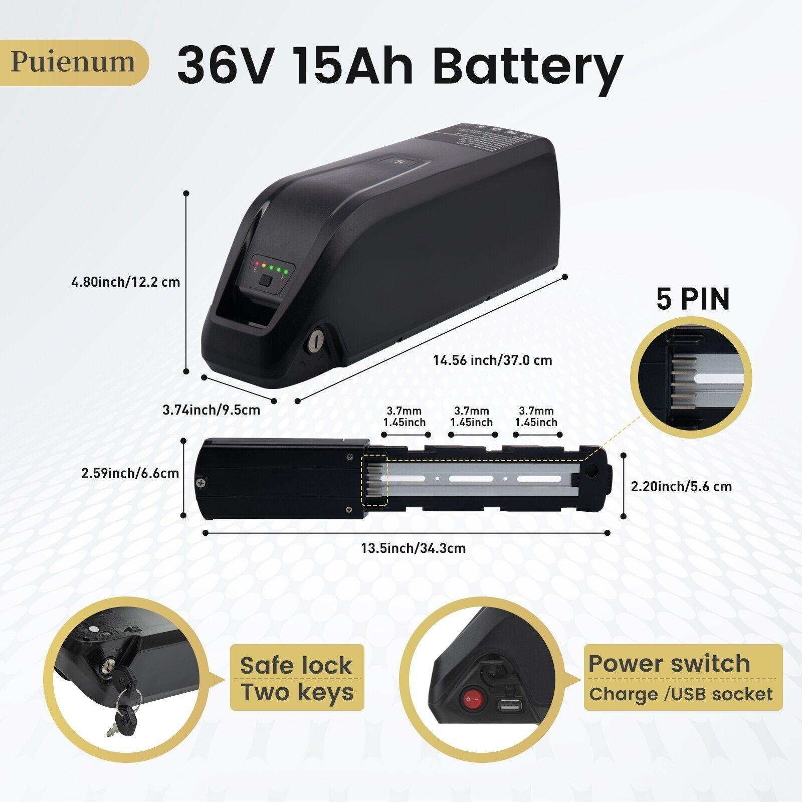 36V 48V 10Ah 15Ah 20Ah Lithium Battery BMS 5-Pin for 0-2000W Ebike Electric Bike
