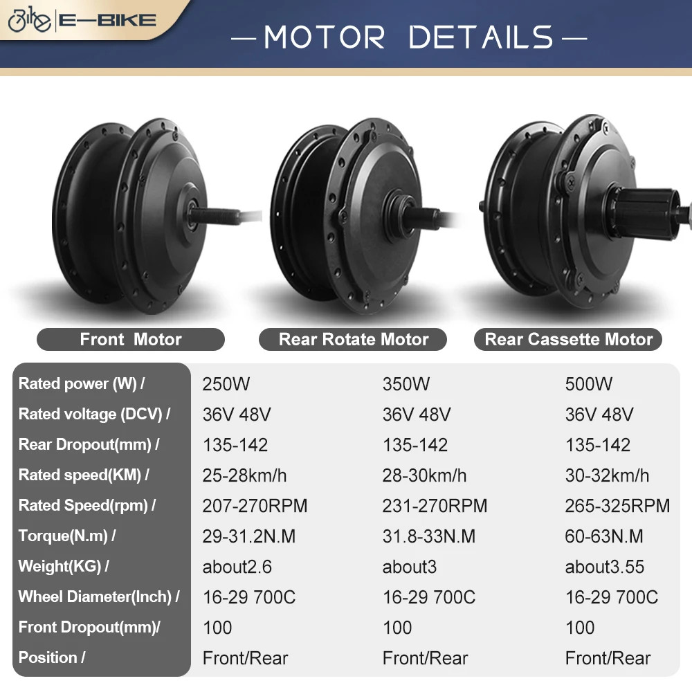 250W 350W 500W 36V 48V Front Rear Brushless Hub Motor for Ebike Conversion Kit