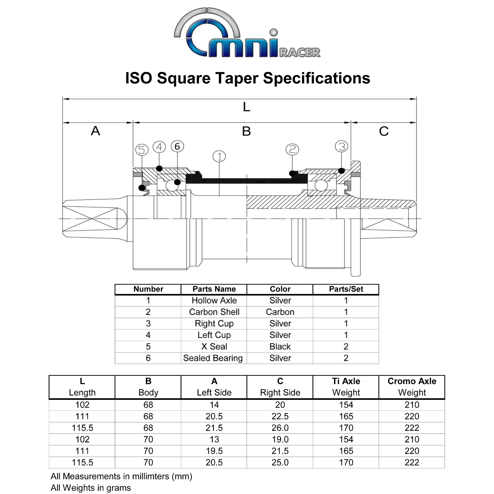 OMNI Racer Square Taper Steel Bottom Bracket Campagnolo Centaur Chorus: 70x111mm