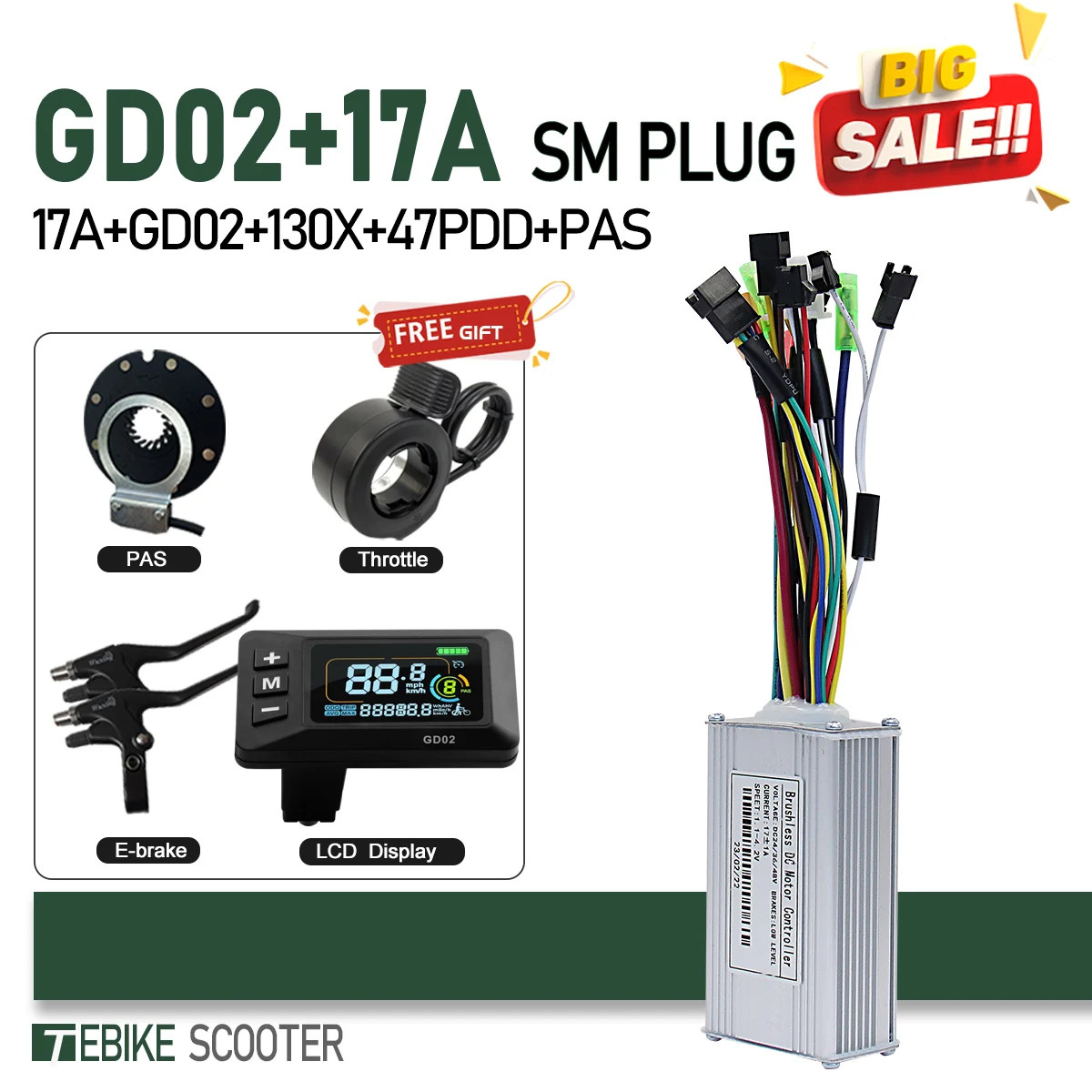 3-Mode 17-40A Sine Wave Controller LCD S866/GD02 Color Compatible Hall Free Hub