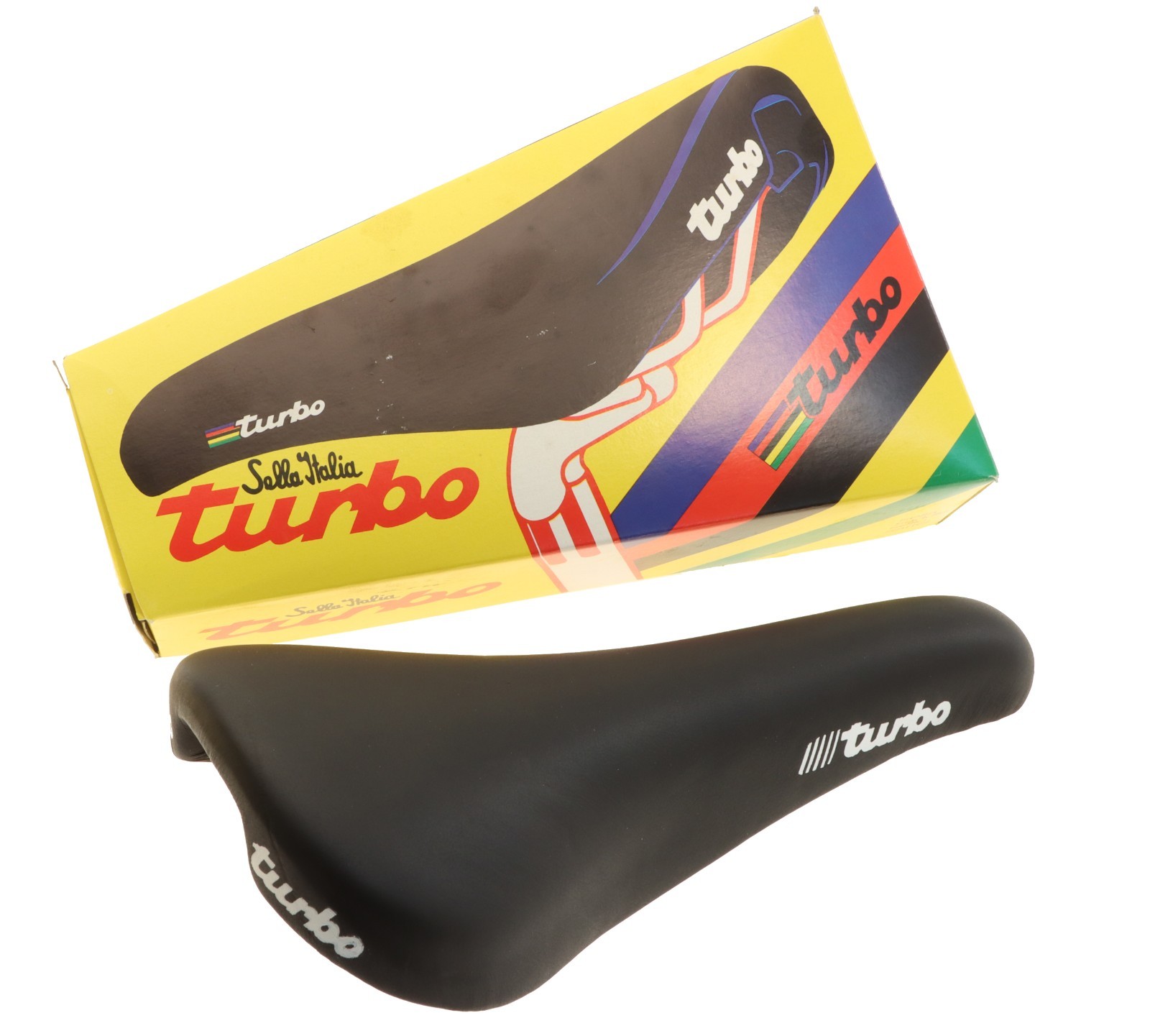 Selle Italia Turbo Leather Saddle Black Original 90s Steel Rails NEW in Box NOS