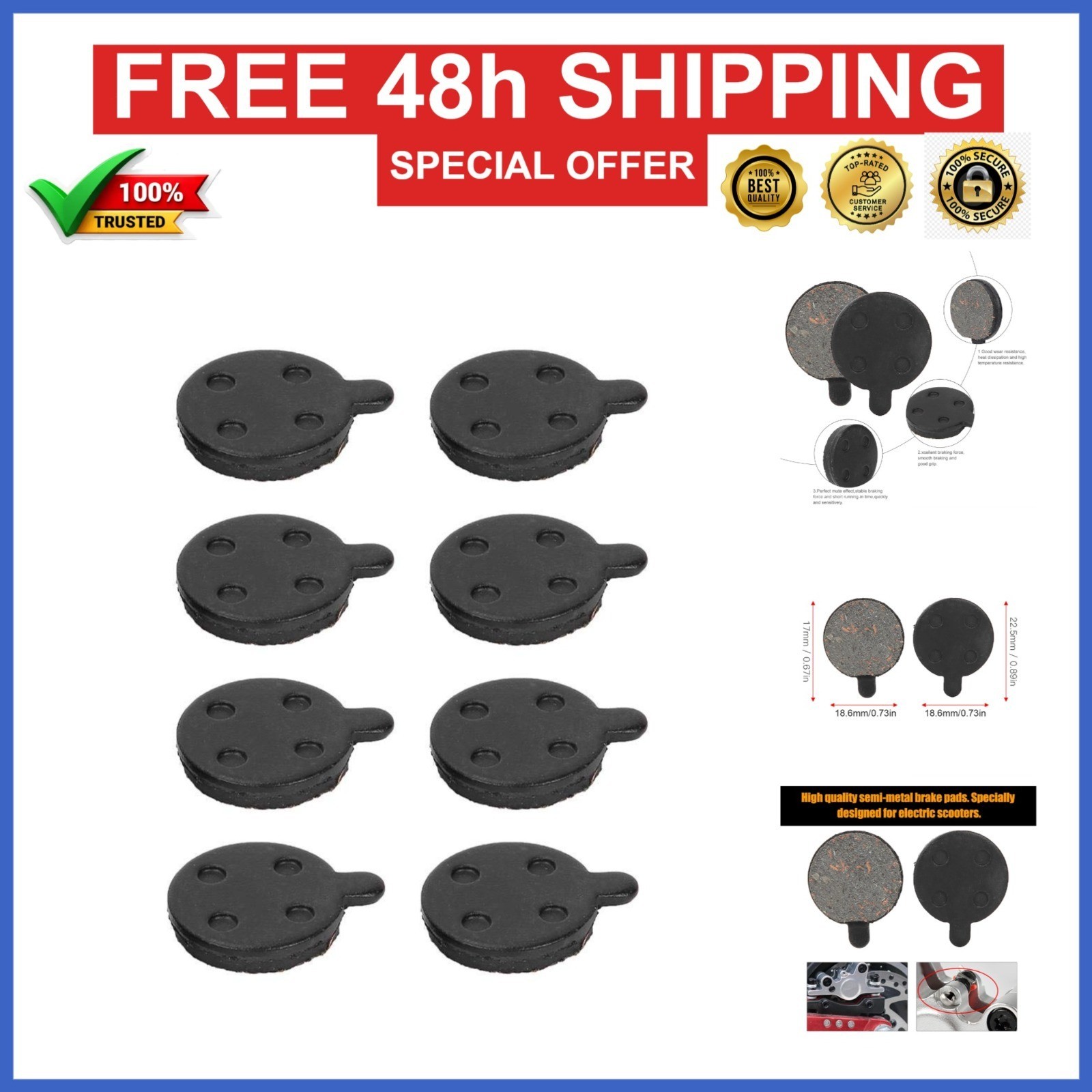 SPYMINNPOO Semi Metallic Brake Pads for Electric Scooter – 4 Pairs