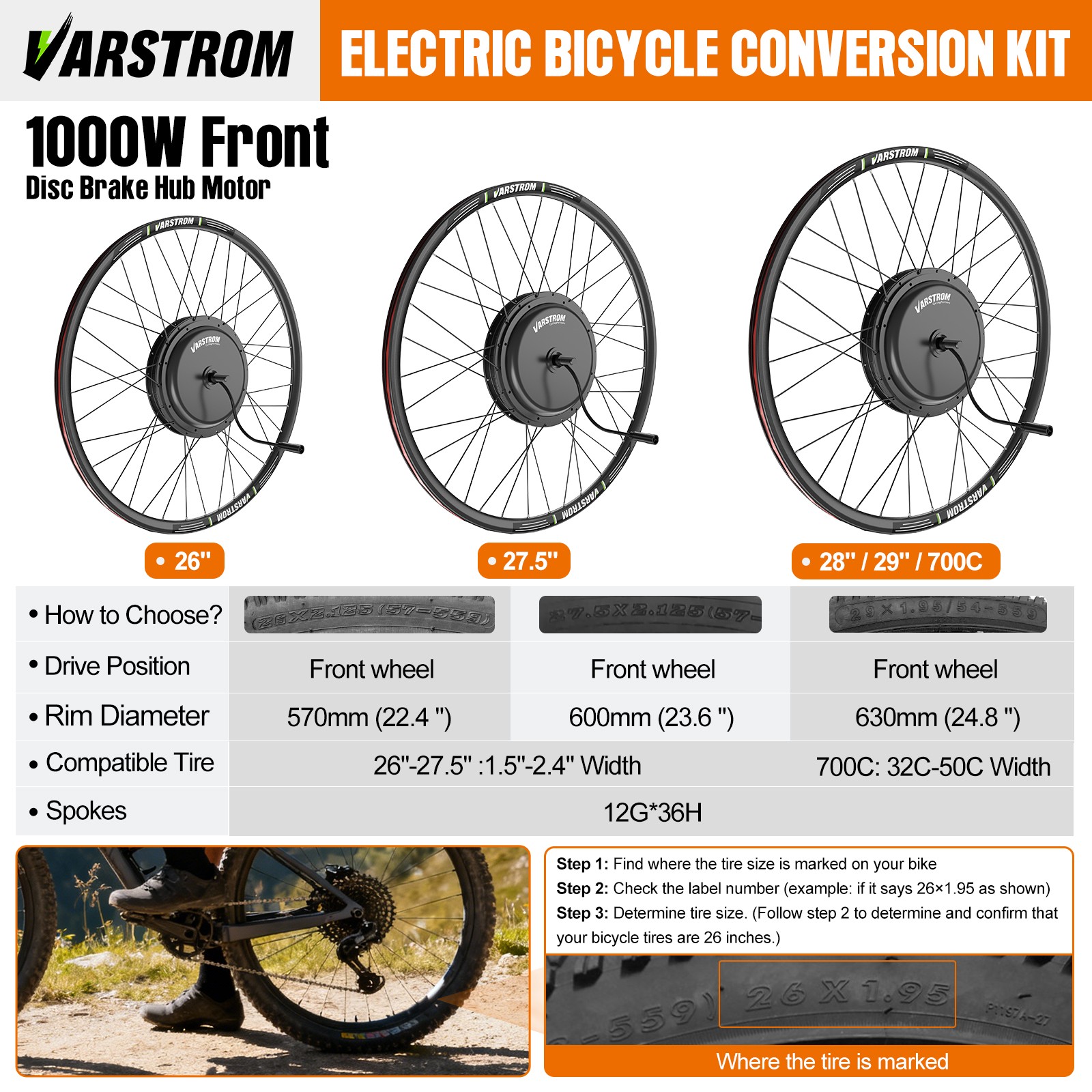 48V1000W Front Wheel Hub Motor Kit 26″27.5″700C Ebike Conversion Kits Brushless