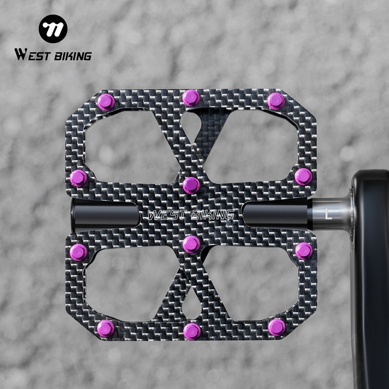 WEST BIKING Carbon Fiber Road Bike Pedals 3 Bearings Titanium Axis Pedals Purple