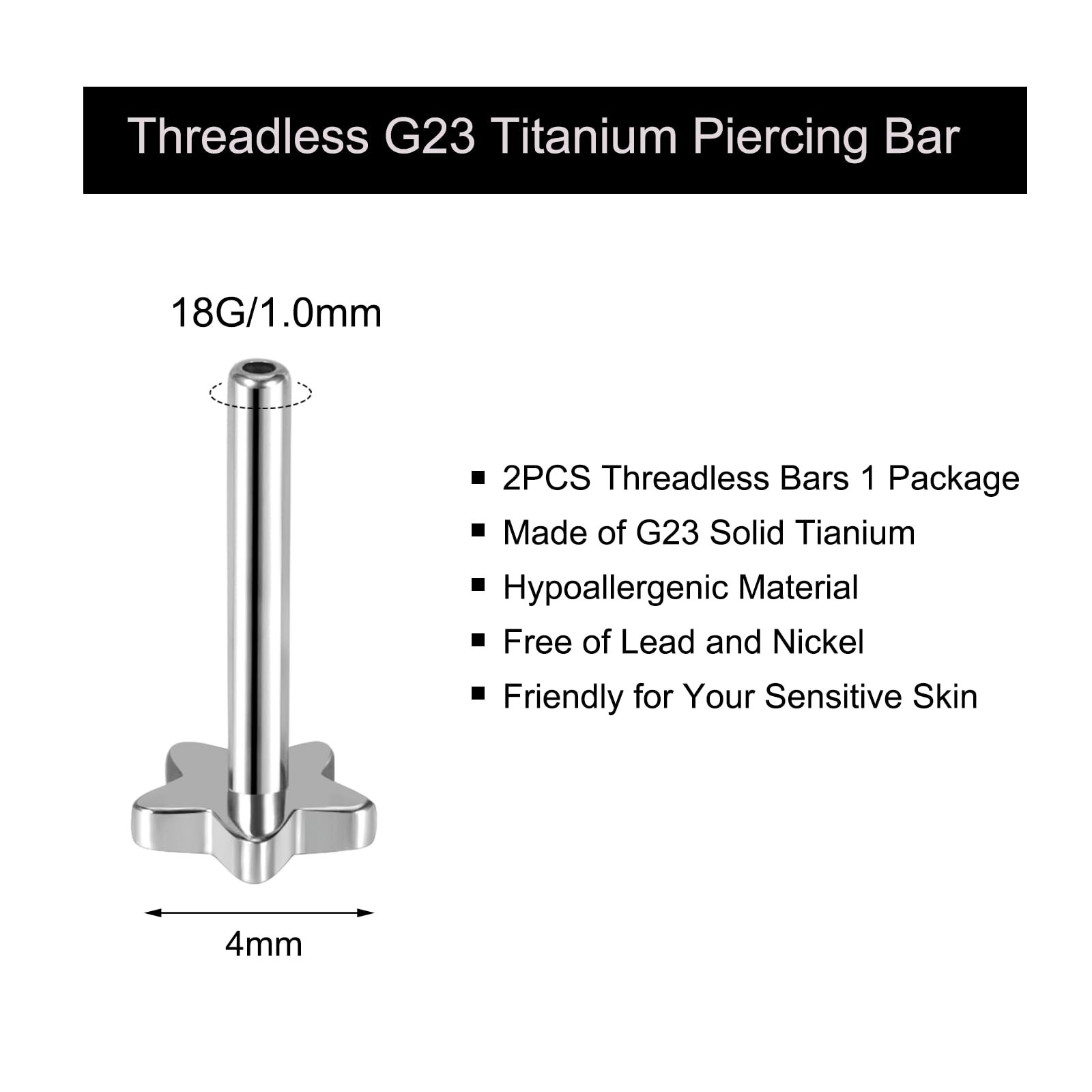 Threadless Bar G23 Titanium 20G 16G 18G Replacement Post Bar Flat Back Stud E…